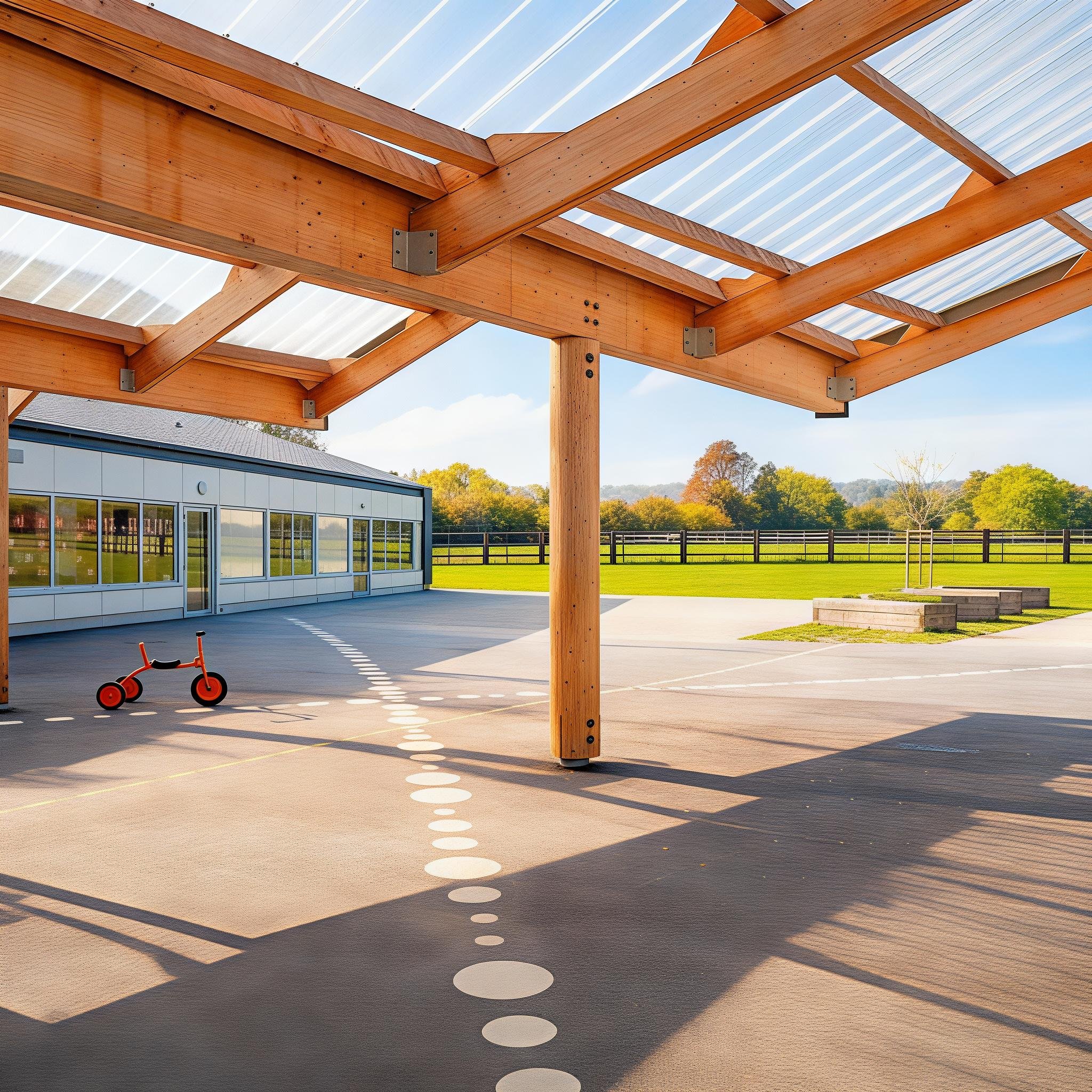Empty outdoor play area with a wooden covered pavilion, a small red child's bike, and a green field with trees in the background.