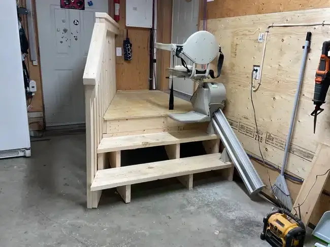 Stair Lift in Garage with New Steps and Rails Built