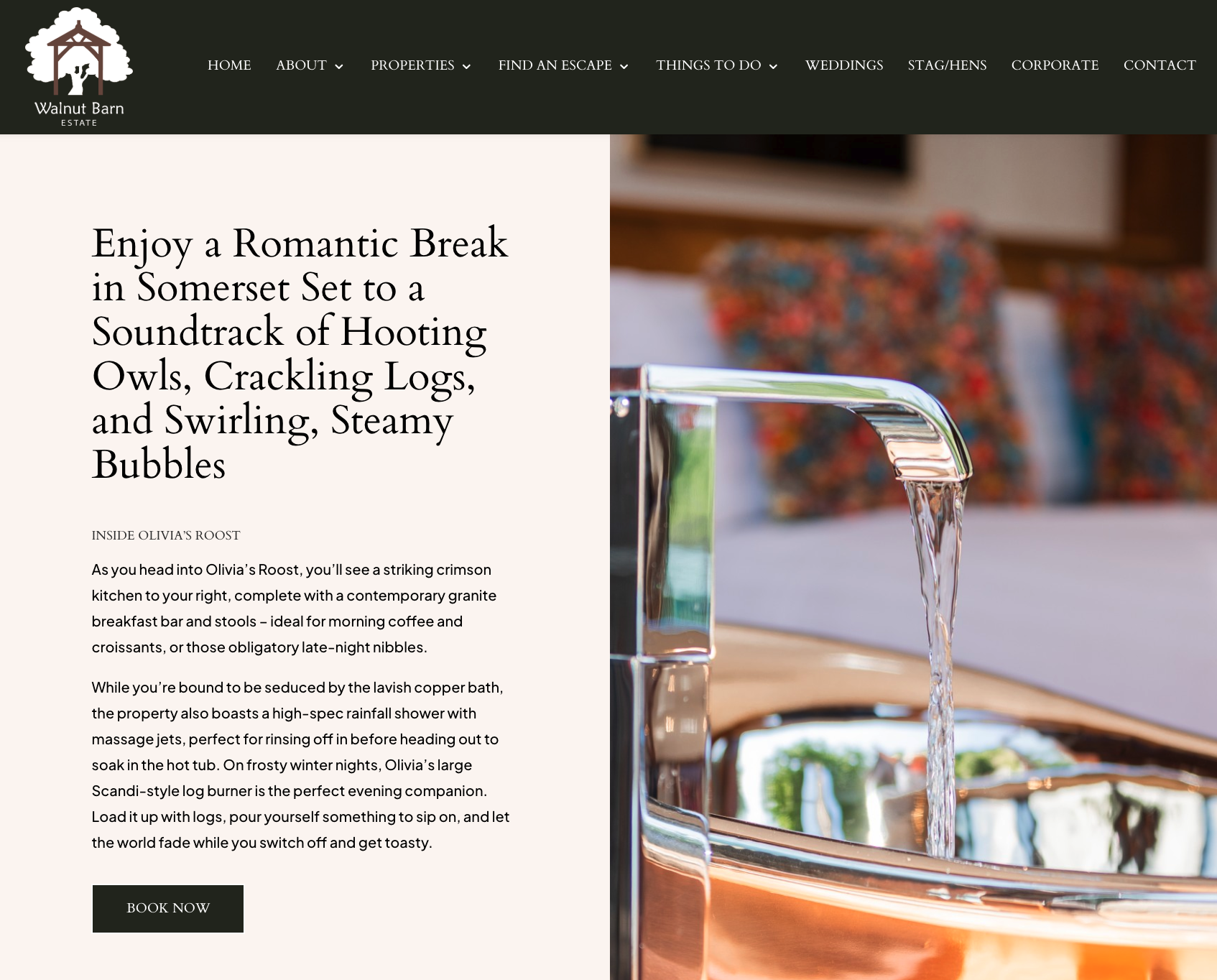 screenshot of olivia's roost accommodation web copy on walnut barn estate website. copper bath with running water shown to right