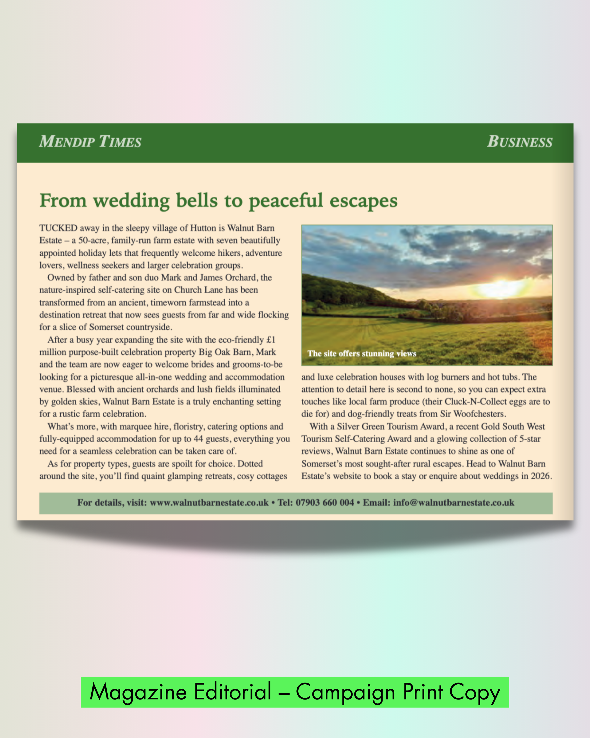 A magazine or newspaper page with an article titled 'From wedding bells to peaceful escapes' about Walnut Barn Estate, a rural wedding and event venue, featuring a landscape photo with a sunset or sunrise over green fields.