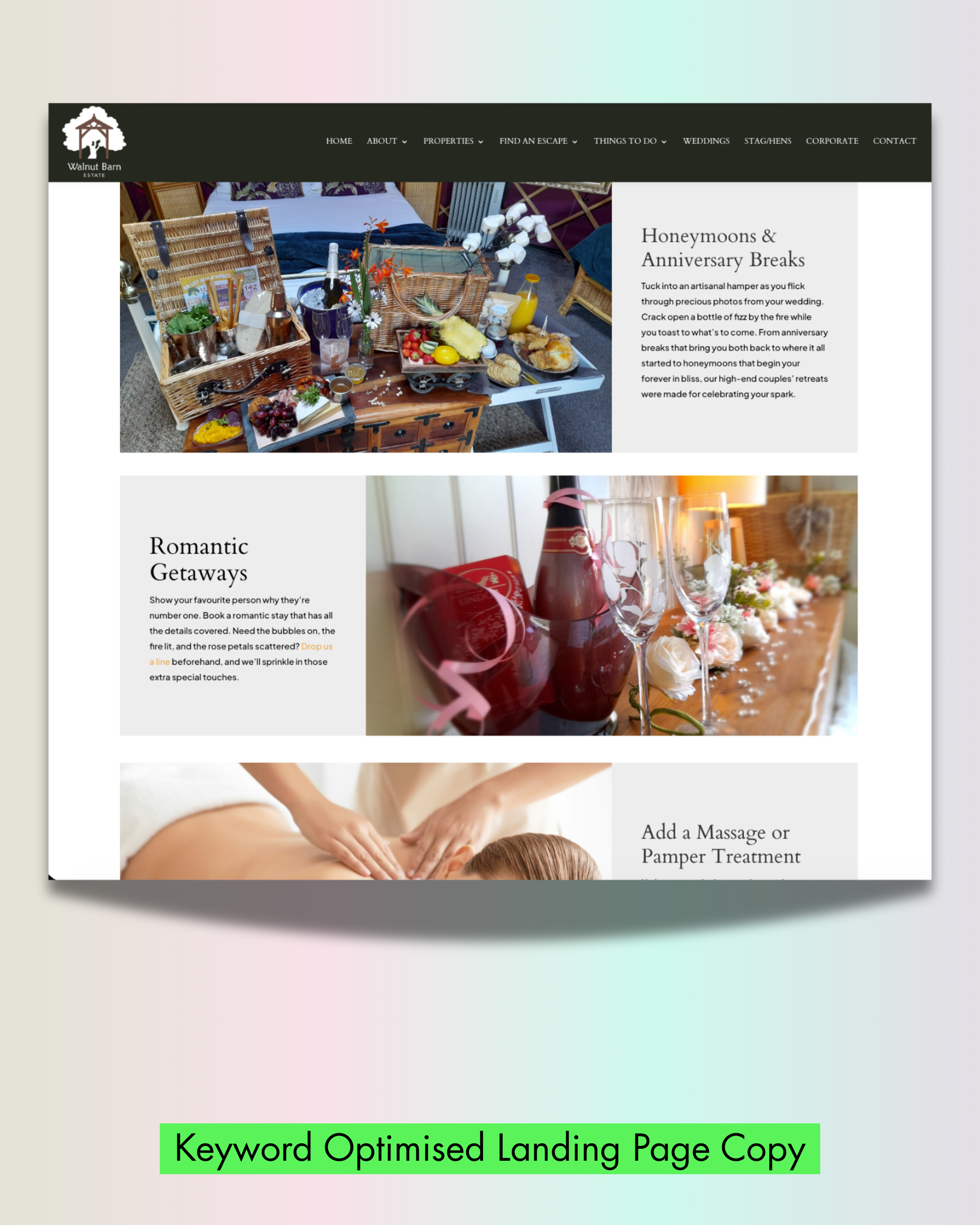 left right photo blocks showing hamper and champagne flutes with website copy for romantic escapes