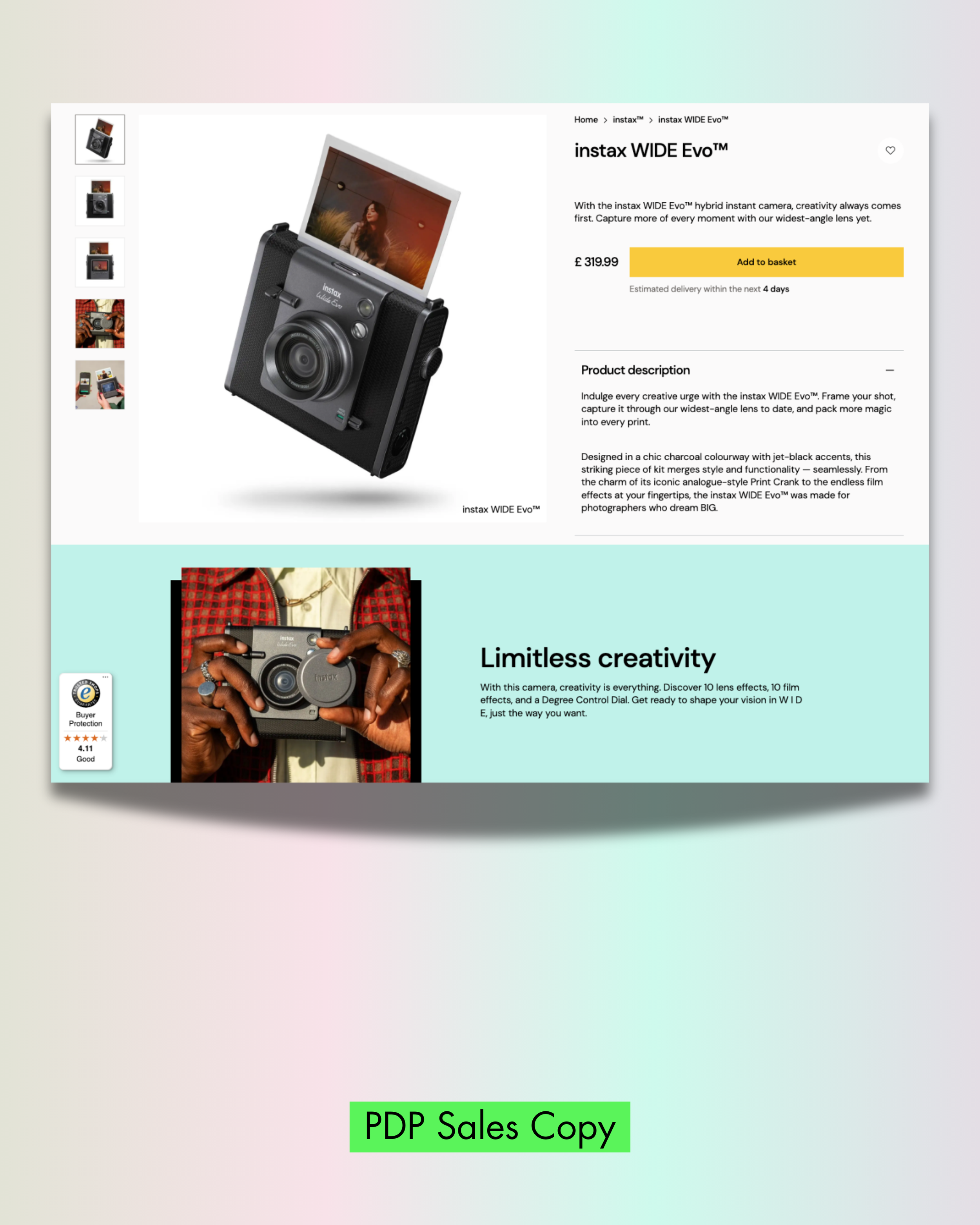 A webpage advertising the Instax WIDE Evo camera. The page describes the camera's instant photo technology, design features, and specifications.