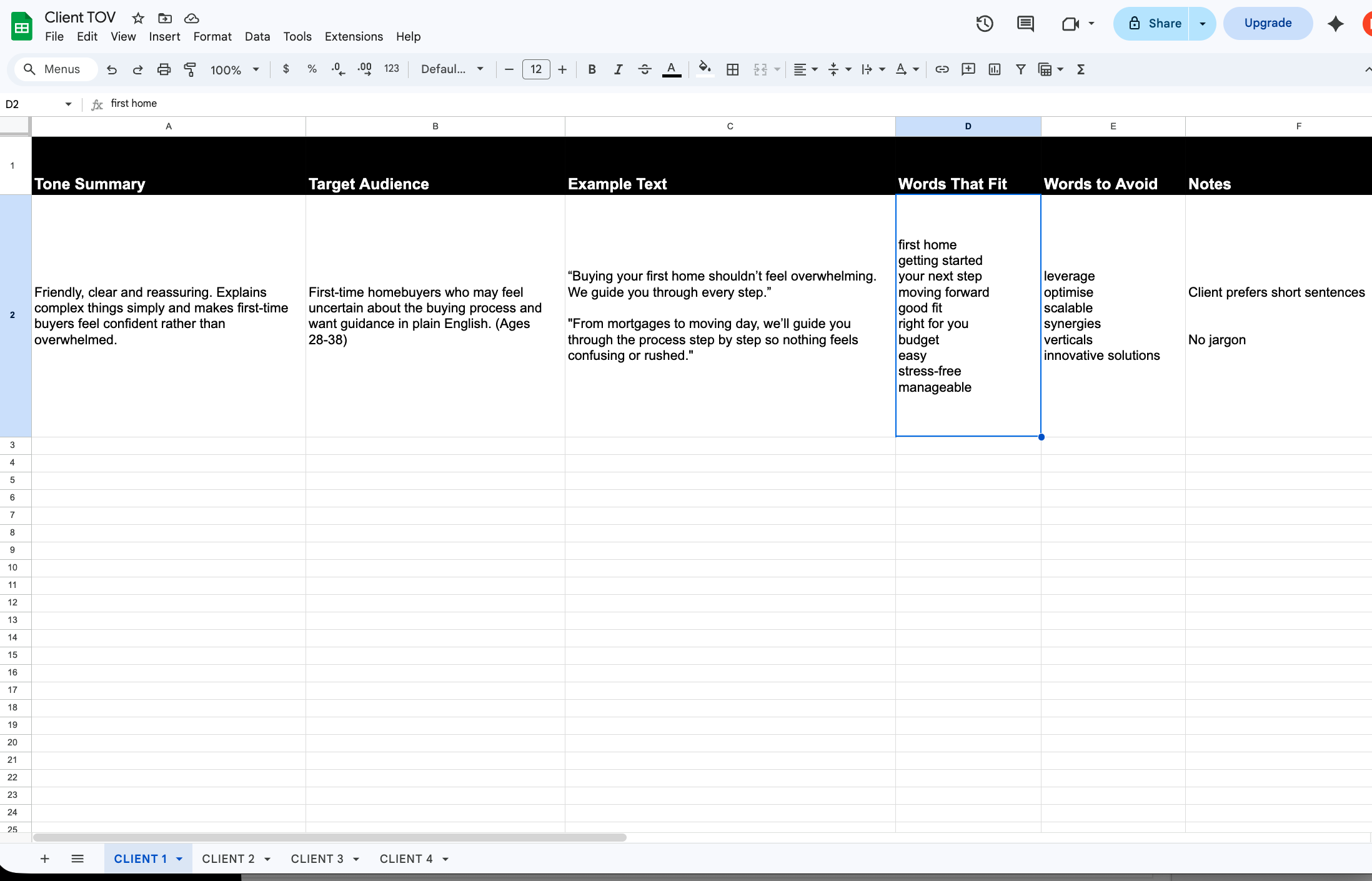 Screenshot of Example Tone fo Voice spreadsheet in Google Sheets