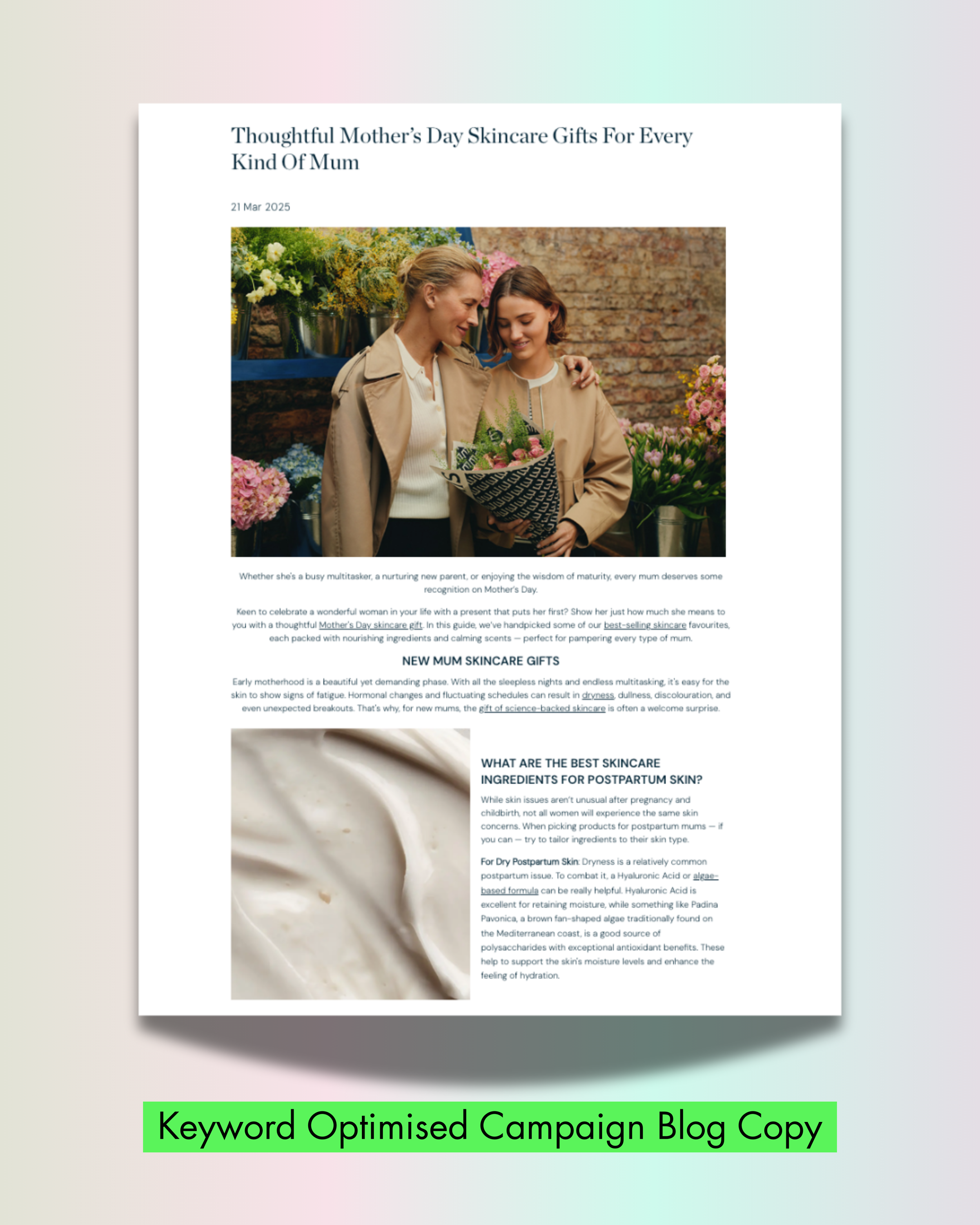A mother and daughter smiling at each other while holding a bouquet of flowers in a flower shop with colorful flowers around. Blog text underneath.