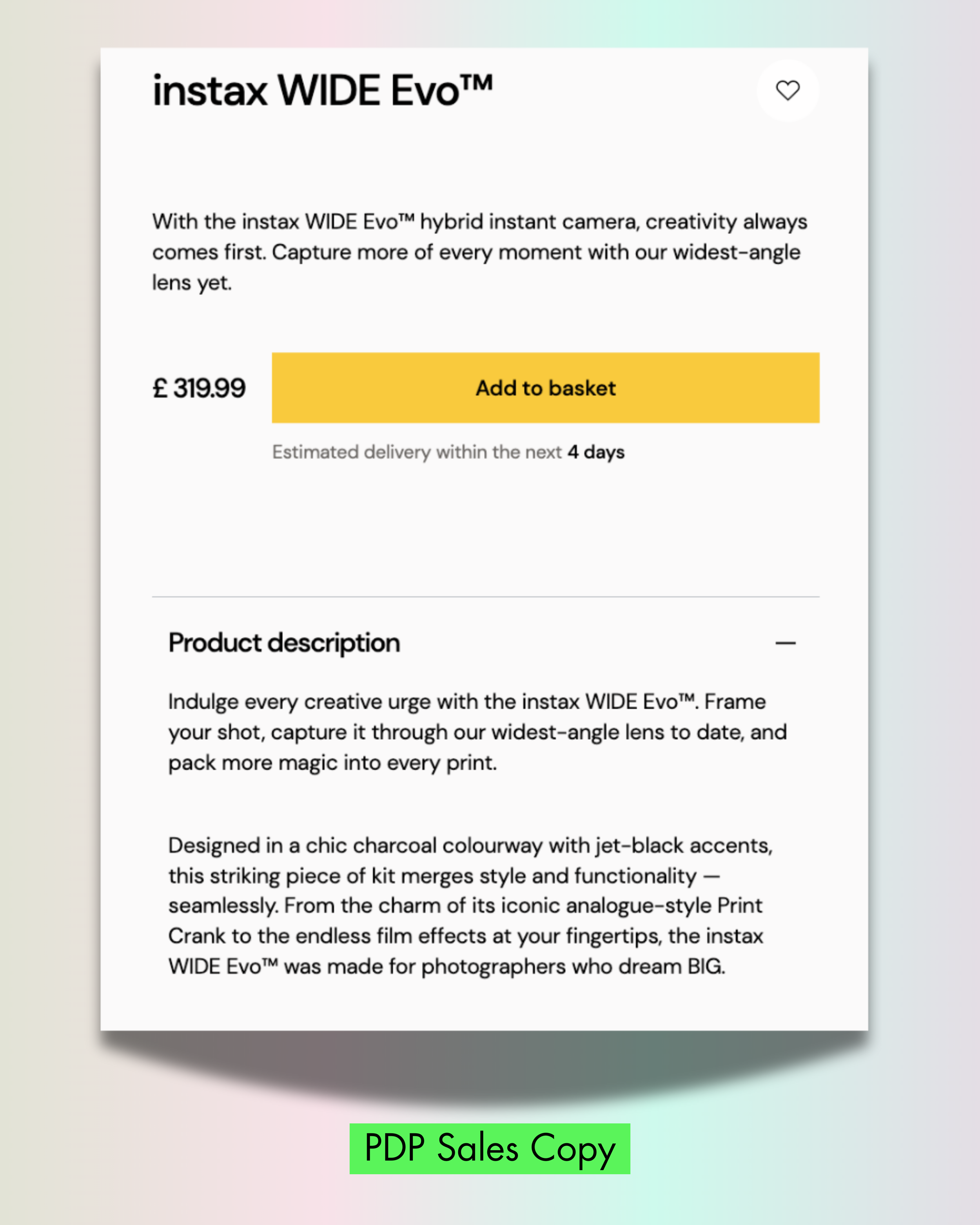 Product page for the instax WIDE Evo hybrid instant camera, priced at £319.99, with a yellow 'Add to basket' button and estimated delivery within 4 days. Includes product description emphasizing wide-angle lens and stylish design.