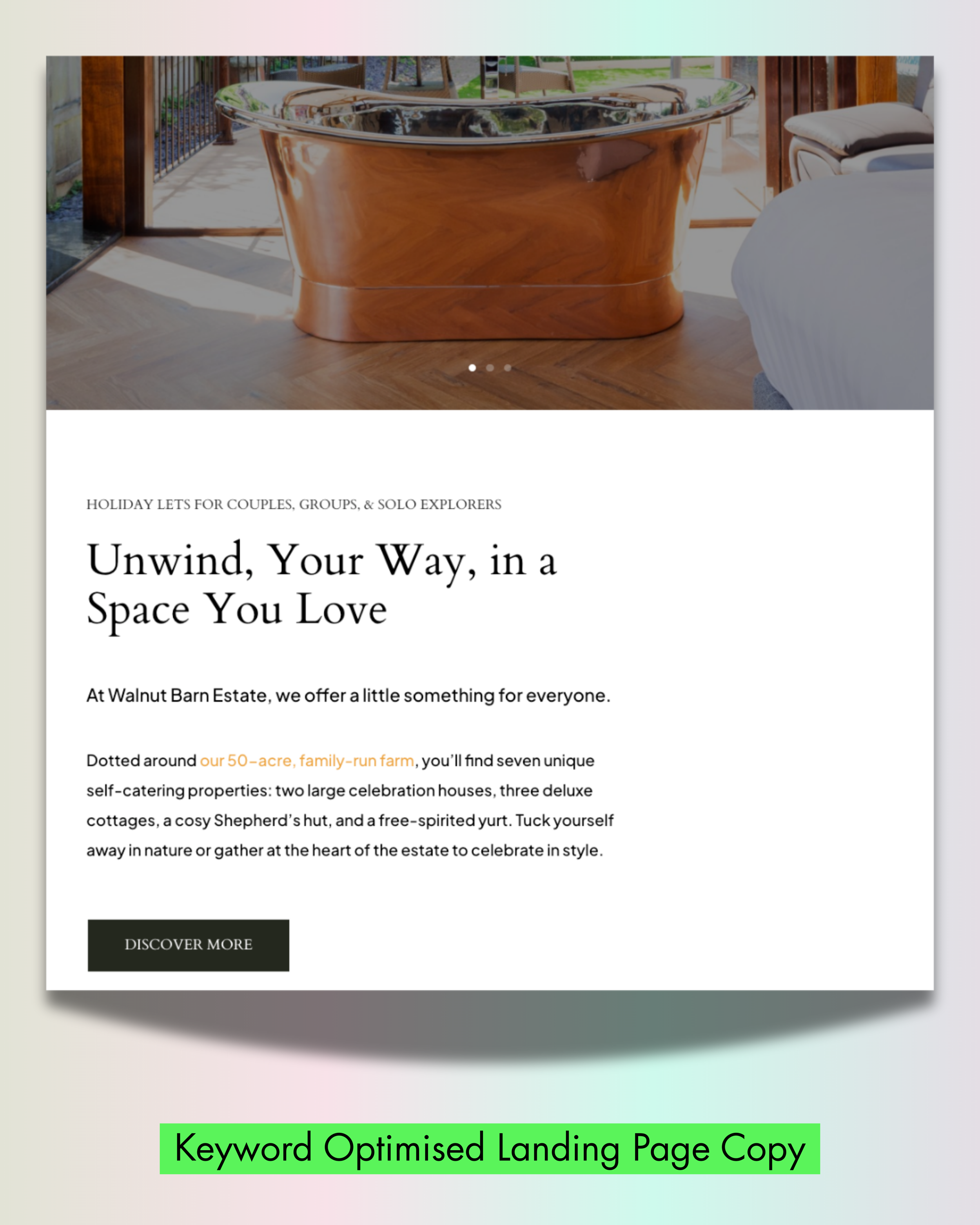 A webpage showcasing a luxury estate rental, featuring a wooden bathtub on a wooden deck with greenery outside, and text about holiday lets and property details.