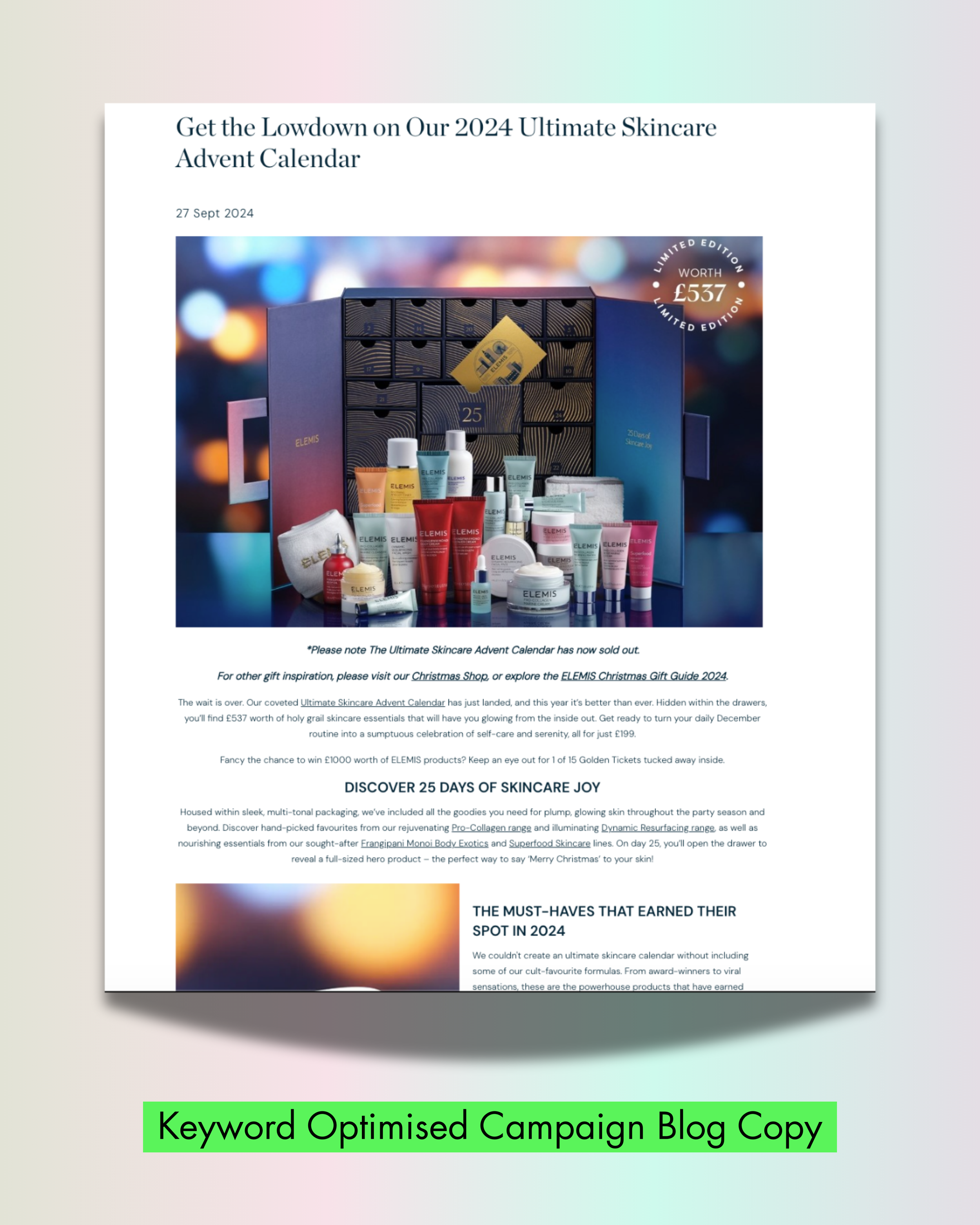 beauty advent calendar blog with large header showcasing beauty products and text underneath