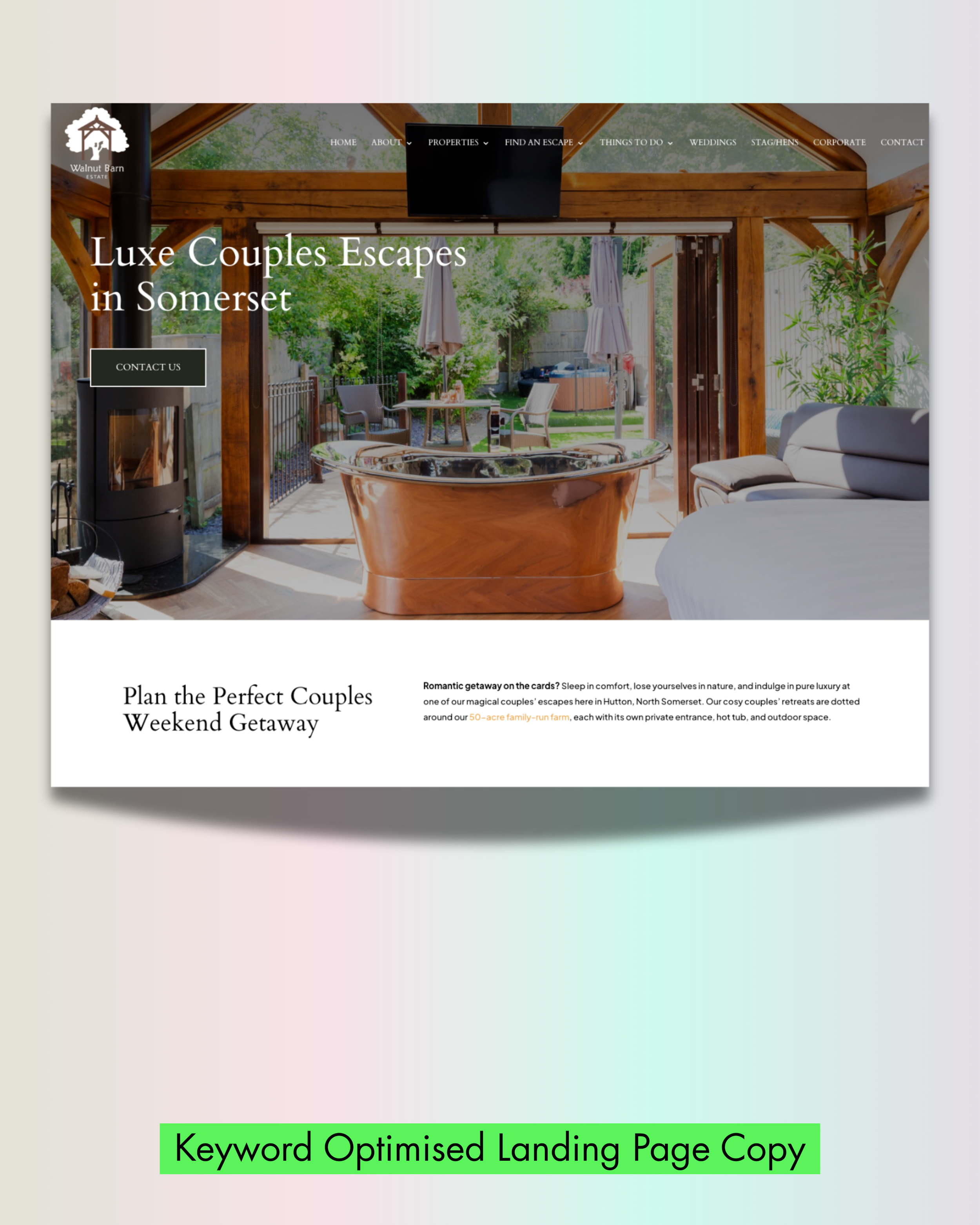 Screenshot of a couples escapes landing page with large photo header with a copper bath