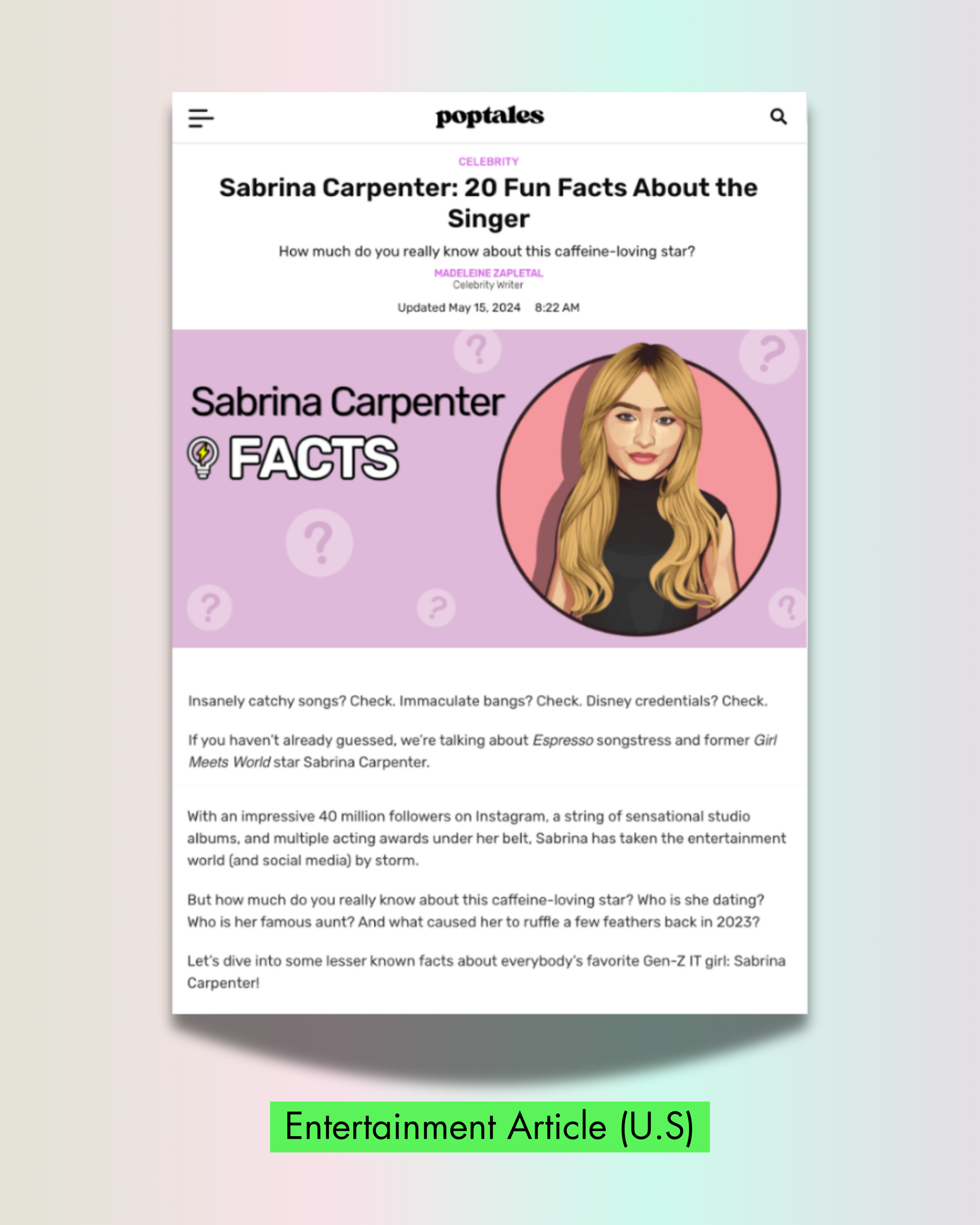 Screenshot of an article about sabrina carpenter with cartoon header image