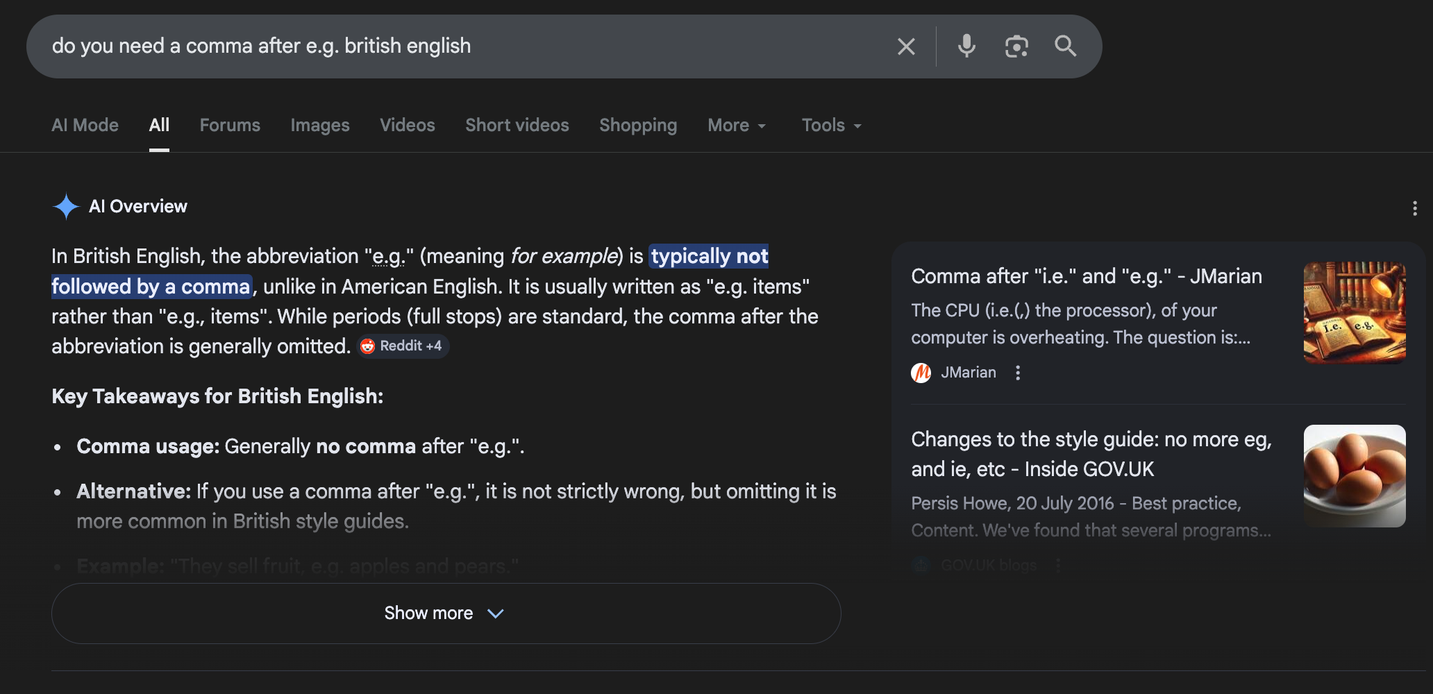 grammar rule google search: 'do you need a comma after e.g. british english'
