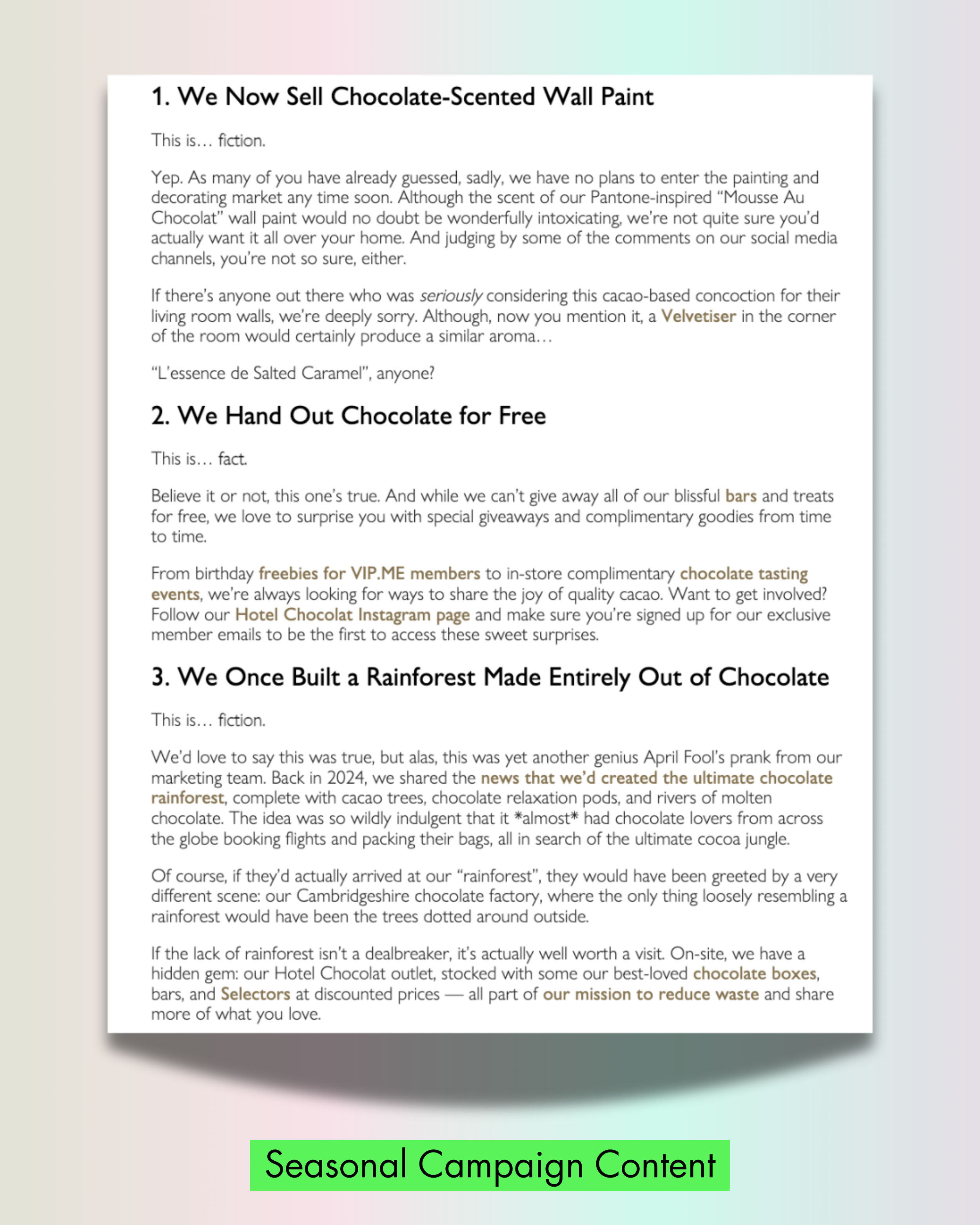 Playful campaign copy for Hotel Chocolat