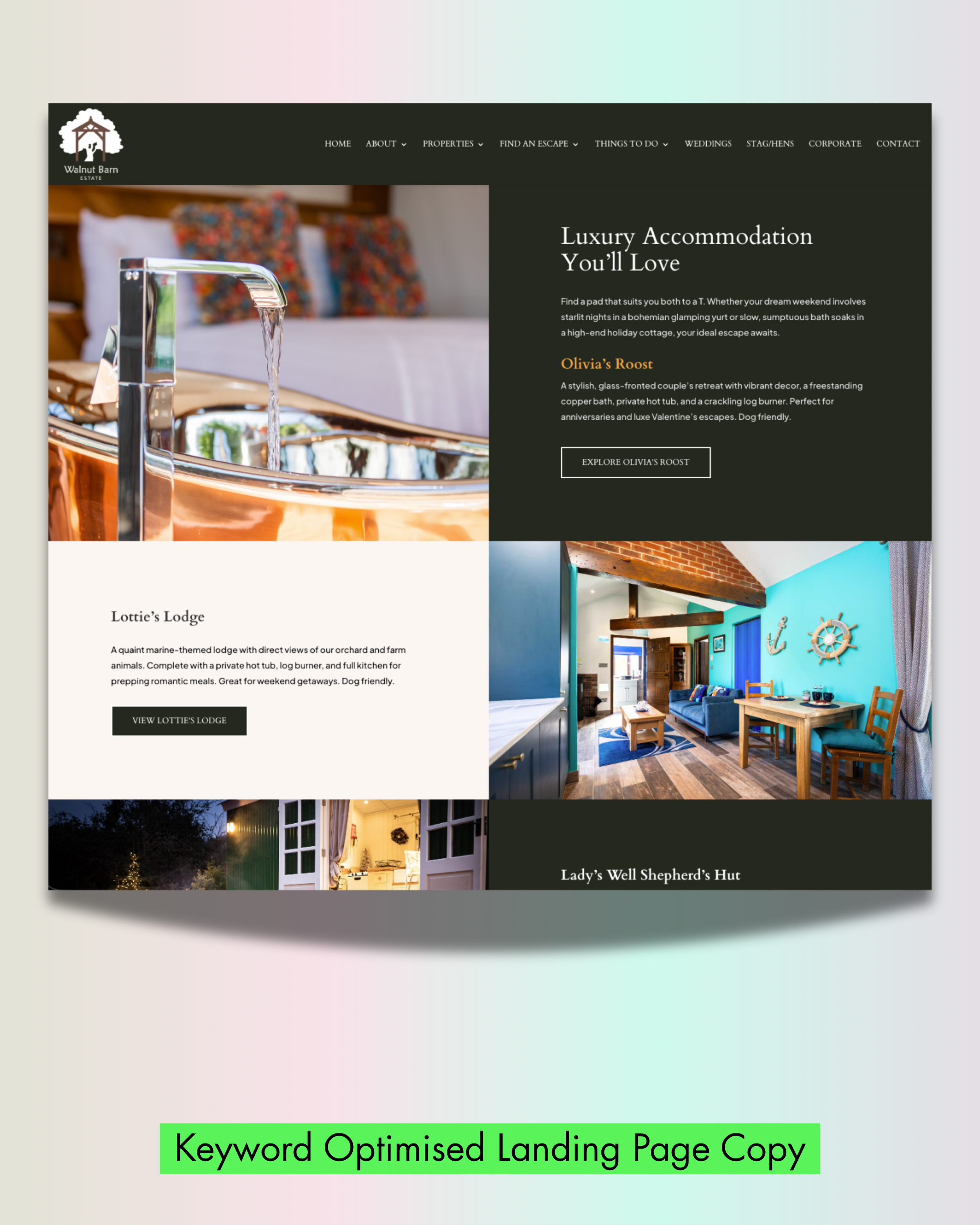 landing page copy with left right photo blocks showcasing accommodation features