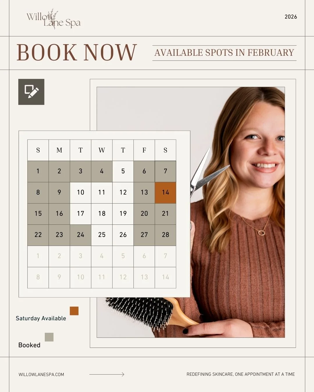 Our February books are open!
Plan a little self-care, a little glow-up, and a lot of relaxation &mdash; just in time for Valentine&rsquo;s Day (or because you deserve it).

Check each technician&rsquo;s calendar and secure your spot before they fill 