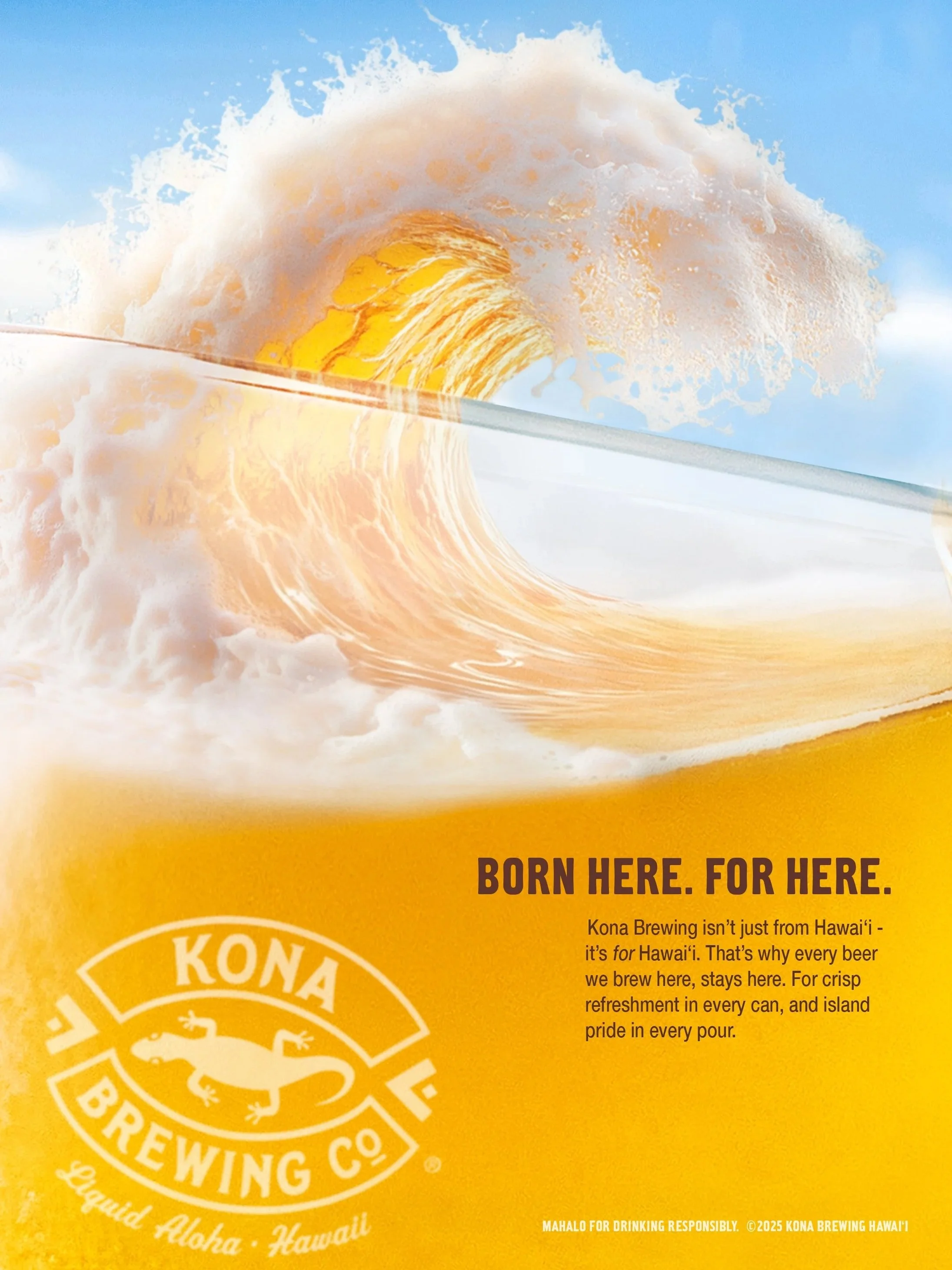 A promotional poster for Kona Brewing Co. featuring a large ocean wave with white foam, a blue sky, and a yellow-orange background. The poster includes the text 'Born Here. For Here.' and information about the brewery's connection to Hawaii and respo
