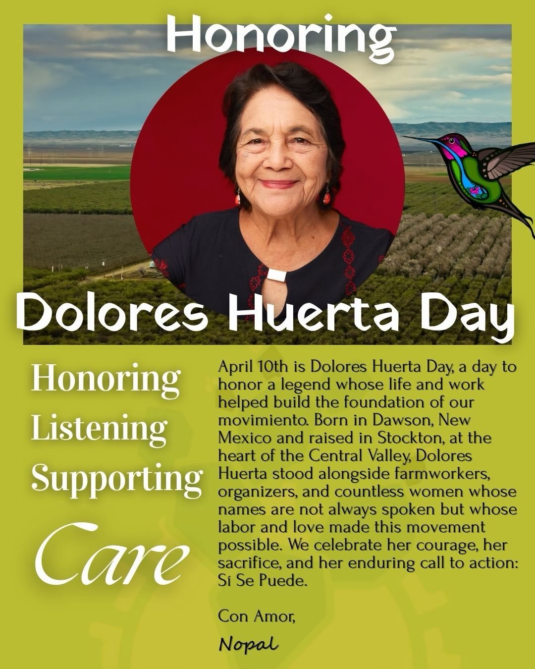 On this Dolores Huerta Day, we honor her story, and the story of many other survivors and how we, as a community, can take action to listen, support, and protect them and all those whose stories have not yet been told. 

As we honor resilience we are