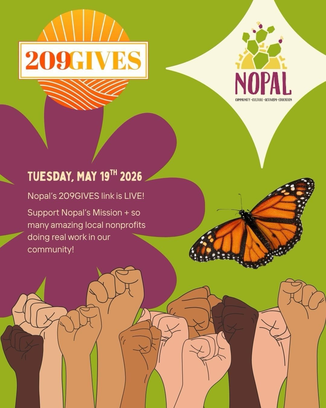 we&rsquo;re part of 209 Gives this year 🌱

on may 19 and the rest of the year, we&rsquo;ll be raising funds toward a future home for Nopal + Ra&iacute;z. we&rsquo;re imagining a space for organizing, public art, workshops, events, a garden, cafecito
