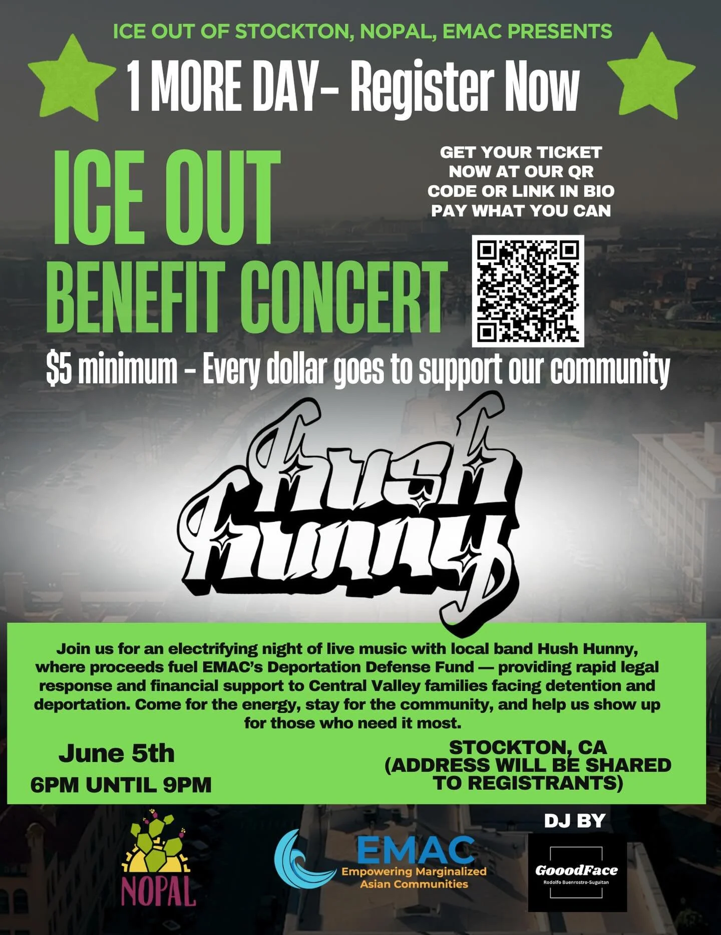 1 more day! Join us for good music with @hushhunnyband and a way to bring a positive impact here in Stockton 💫🙏🏽 Register at the link in our bio!