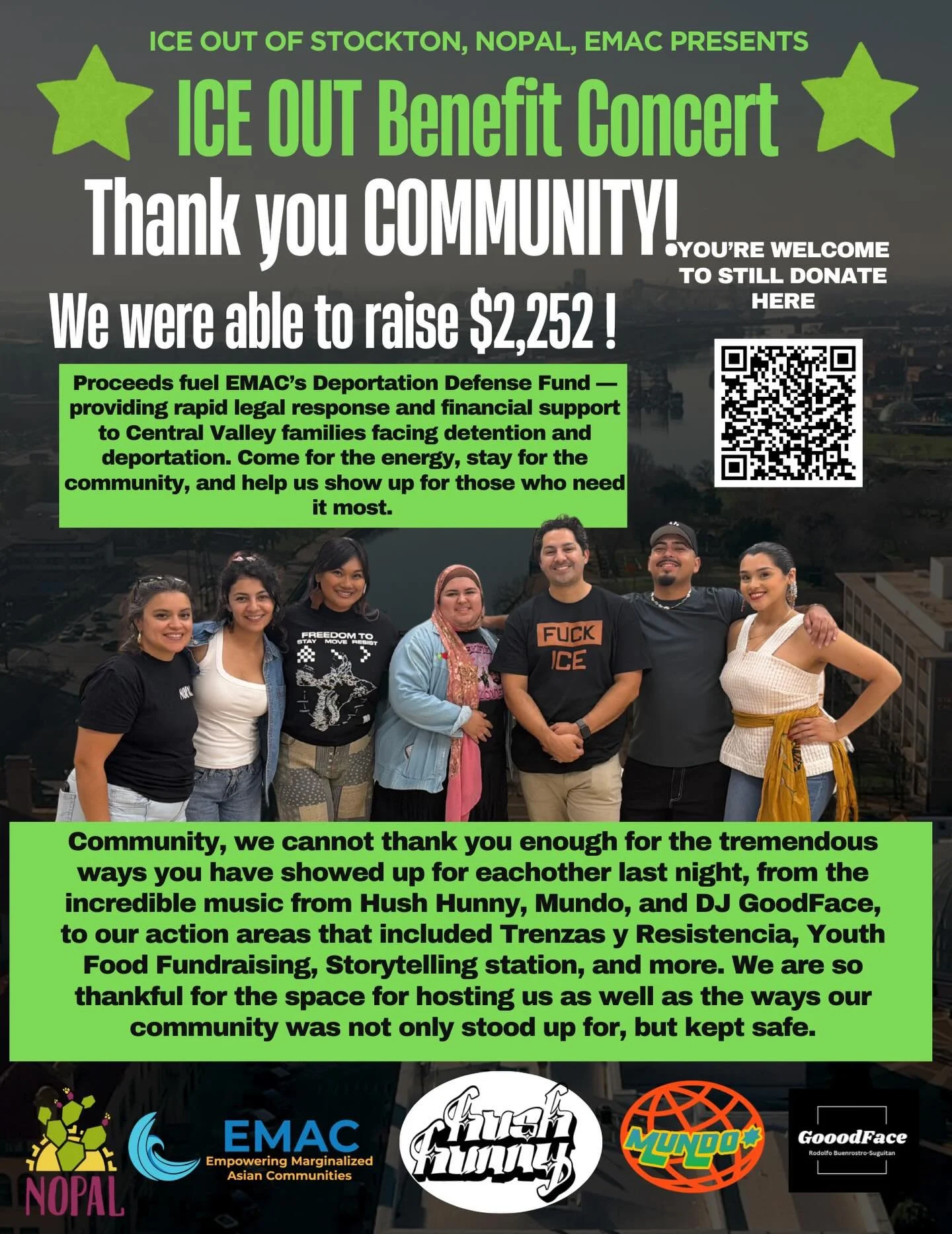 Community! We cannot thank you enough for the tremendous ways you have showed up for eachother last night, from the incredible music from Hush Hunny, Mundo, and DJ GoodFace, to our action areas that included Trenzas y Resistencia, Youth Food Fundrais