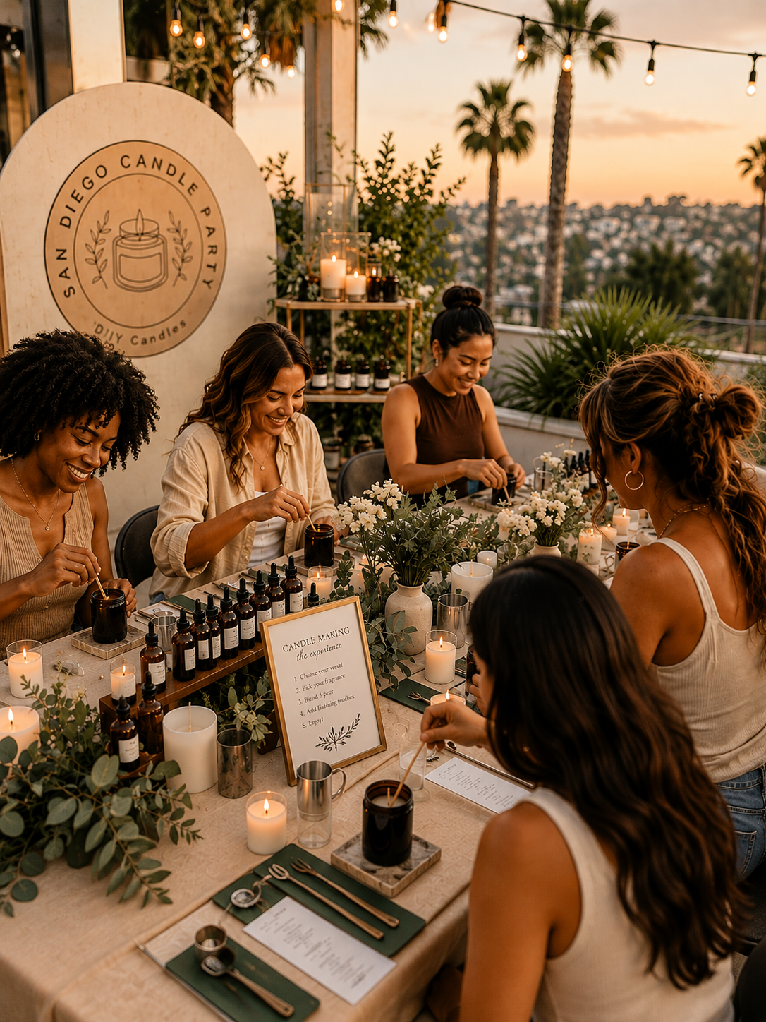 Guests creating custom candles at an outdoor mobile candle-making party in San Diego with fragrance oils, candle vessels, and a styled workshop table.