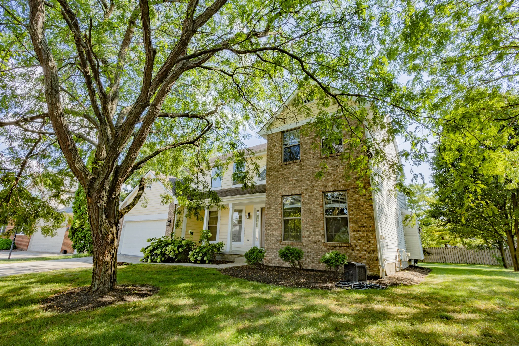 A view of a two-story brick house with white siding on parts of the exterior, large windows, and a white garage door. In front of the house, there is a large tree with green leaves and a well-maintained lawn with shrubs.