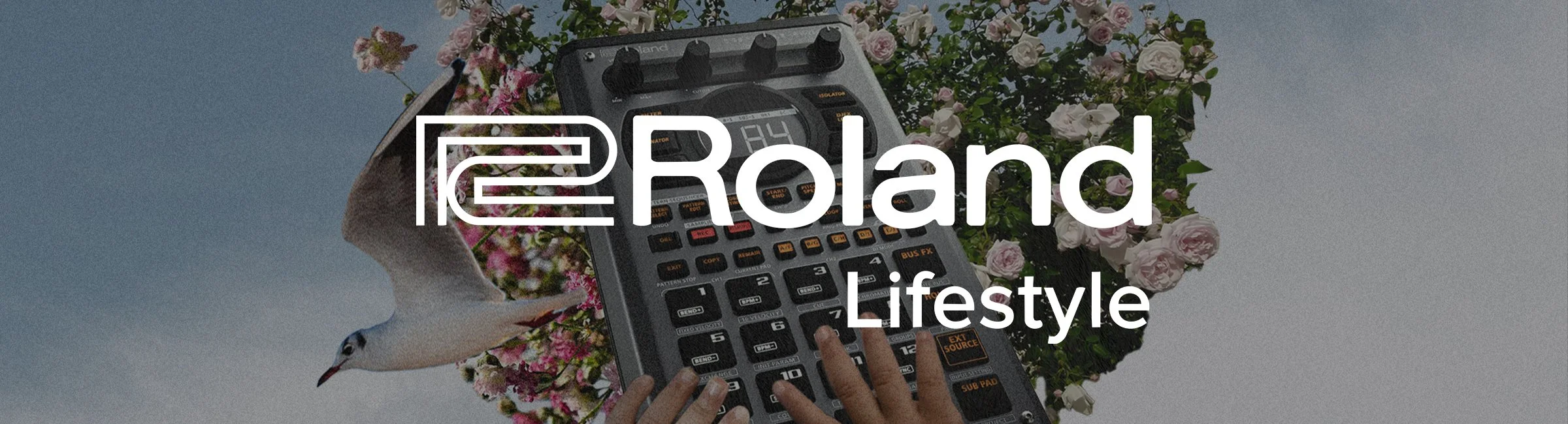 A person's hand pressing buttons on a DJ controller with a background of pink and white flowers and a bird flying nearby, with the overlay text 'Roland Lifestyle'.