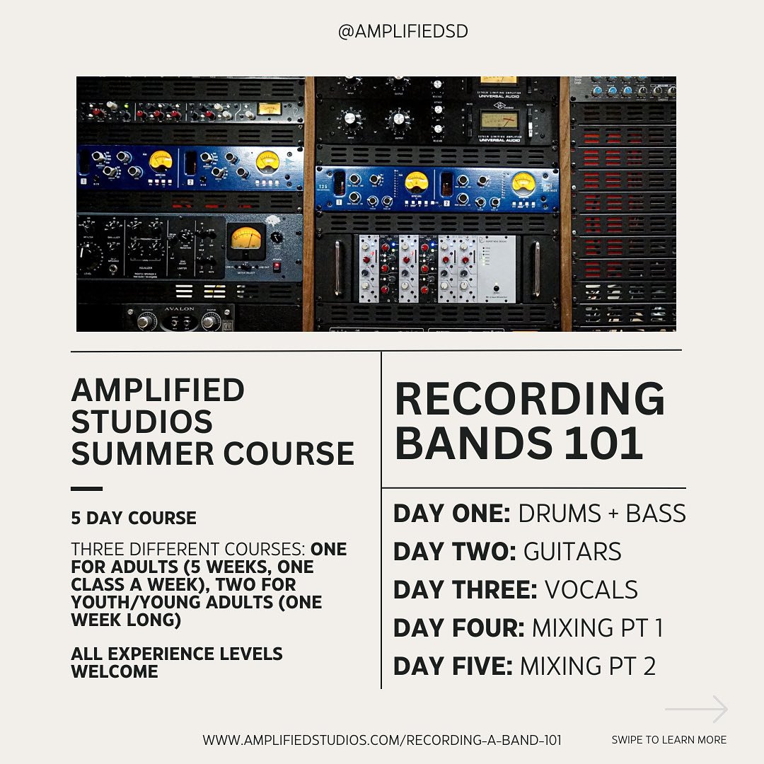 Reminder that we are offering a Recording Bands 101 program this summer! here&rsquo;s a ton of information on them. Enroll/learn more by clicking the link in our bio :-) Have a question about it? Send us a message!

#sandiegomusic&nbsp;#amplifiedsd&n