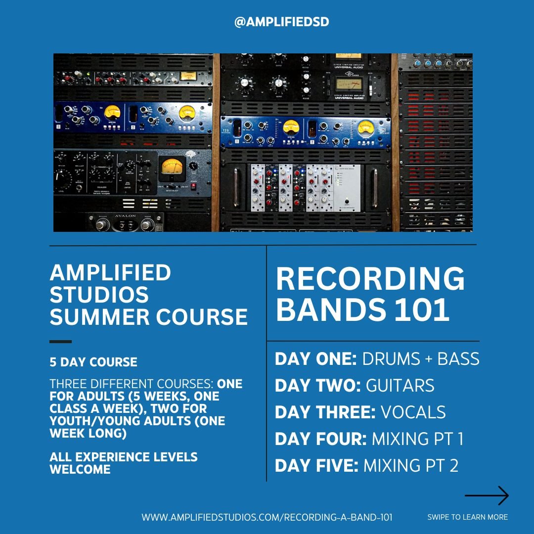 Have you checked out the summer course we are offering yet? Introducing, Recording Bands 101! In this summer program that spans over 5 days, you will learn all the basics of what you need to know to record, mix, and master a band in a studio setting!