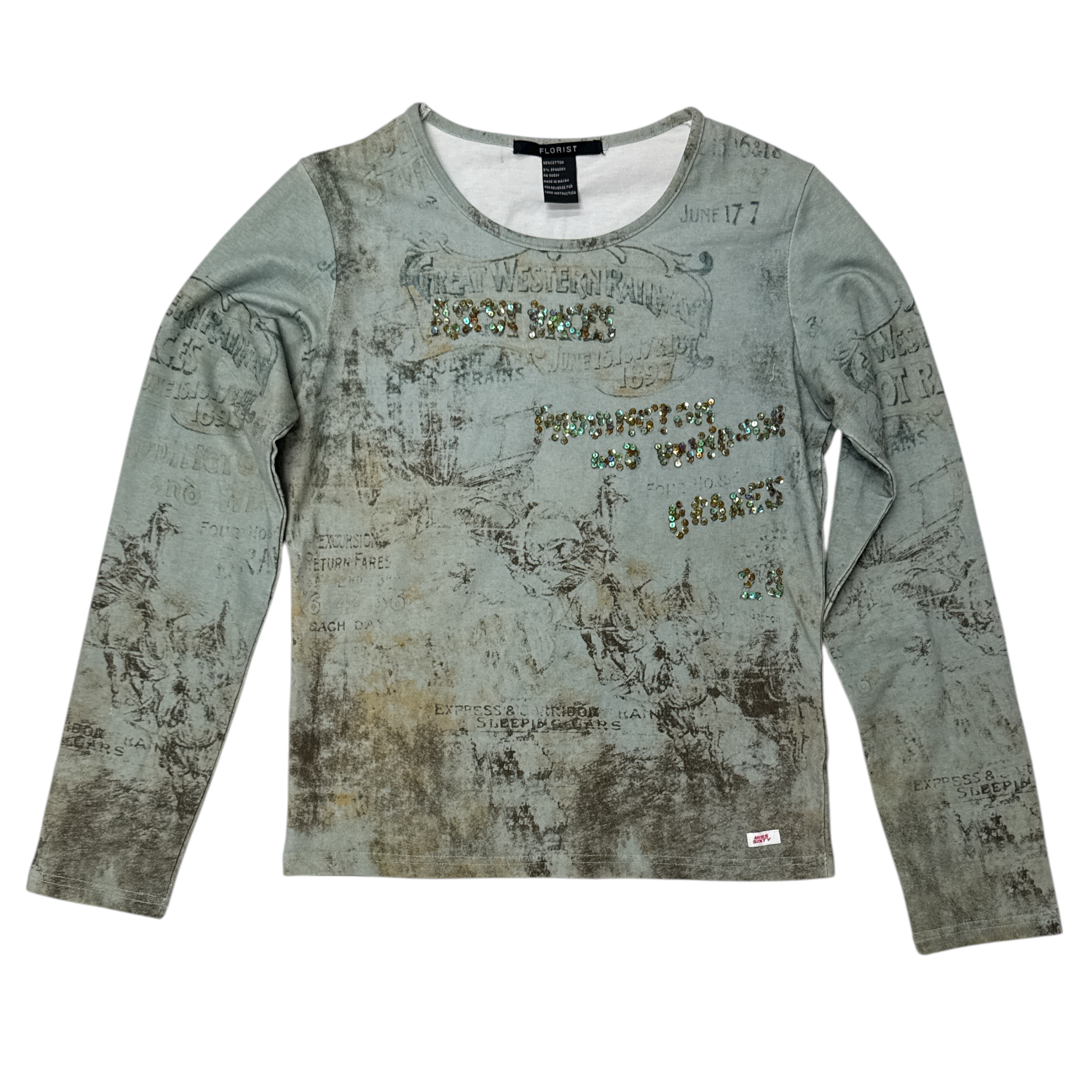 Deadstock Y2K beaded top in green stagecoach, front view