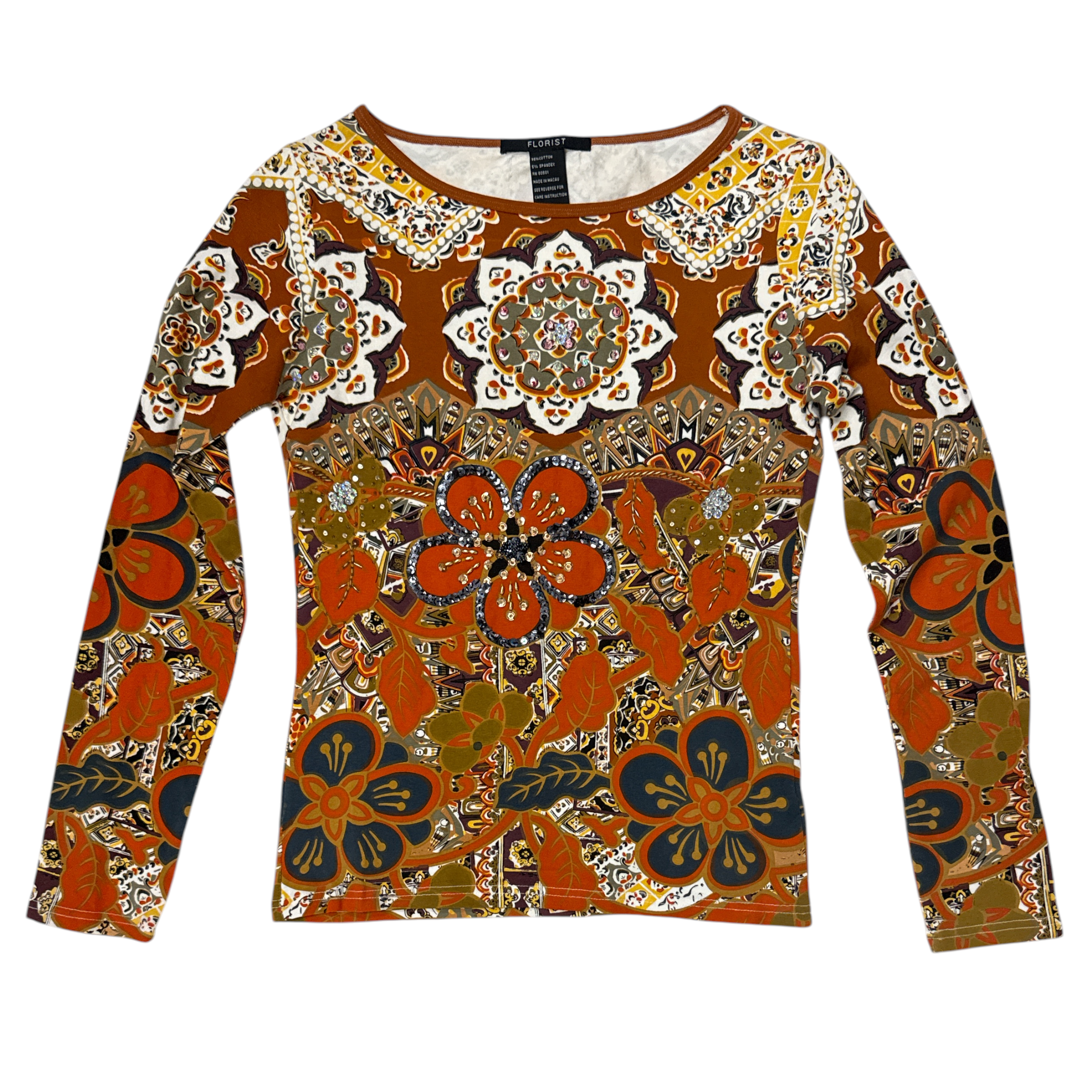 Deadstock Y2K beaded top in brown and orange, front view