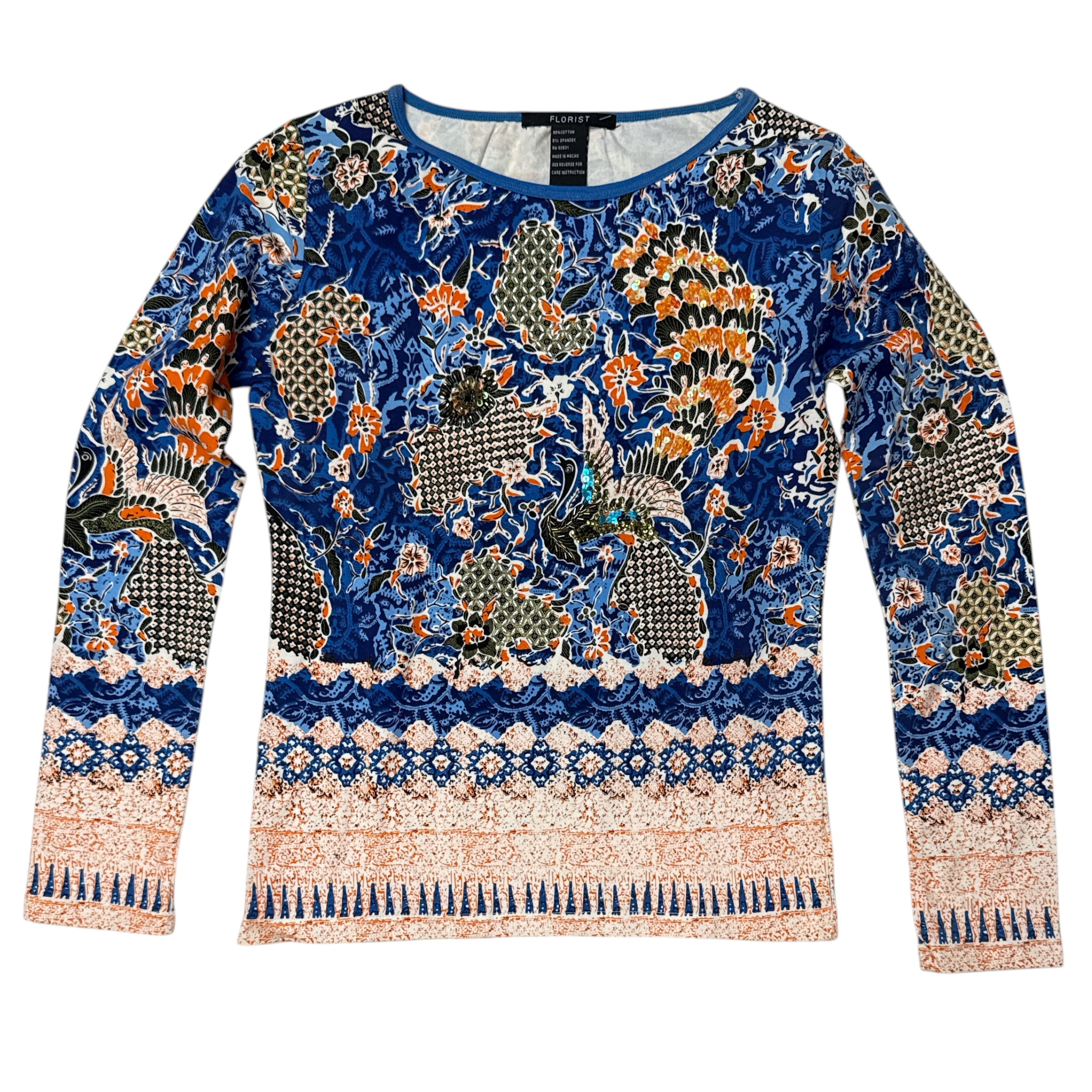 Deadstock Y2K beaded top in blue bird, front view