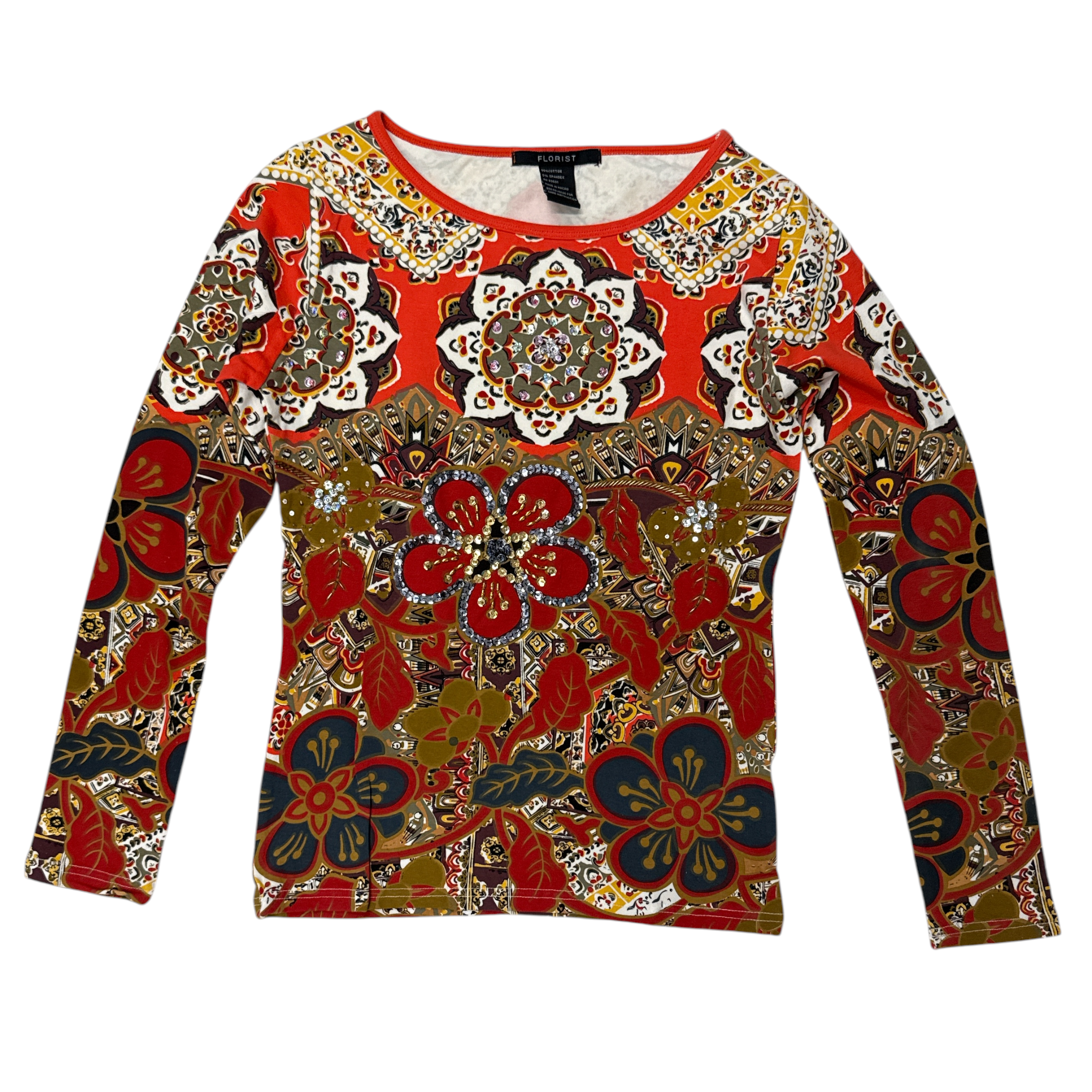 Deadstock Y2K beaded top in red flower, front view