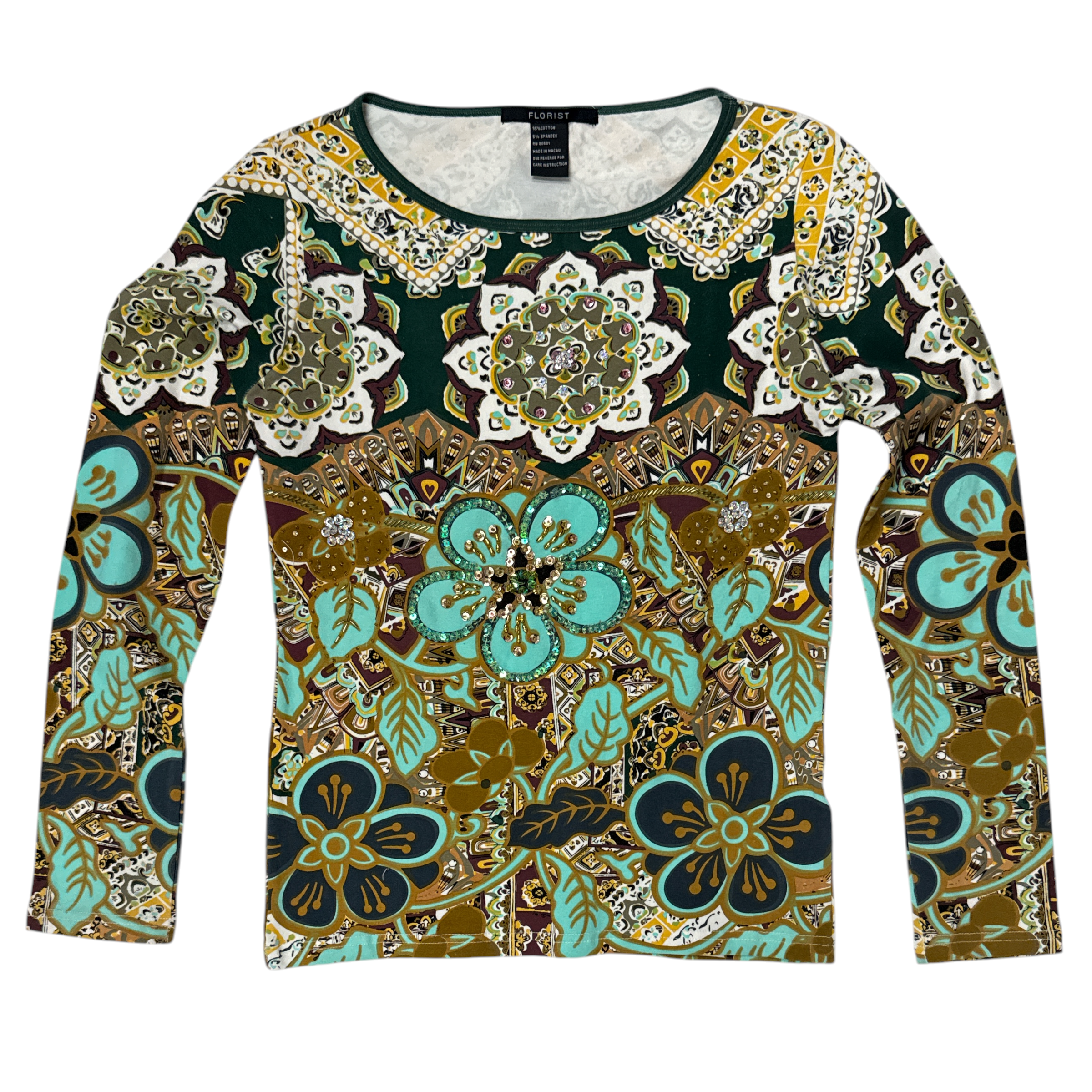 Deadstock Y2K beaded top in green flower, front view