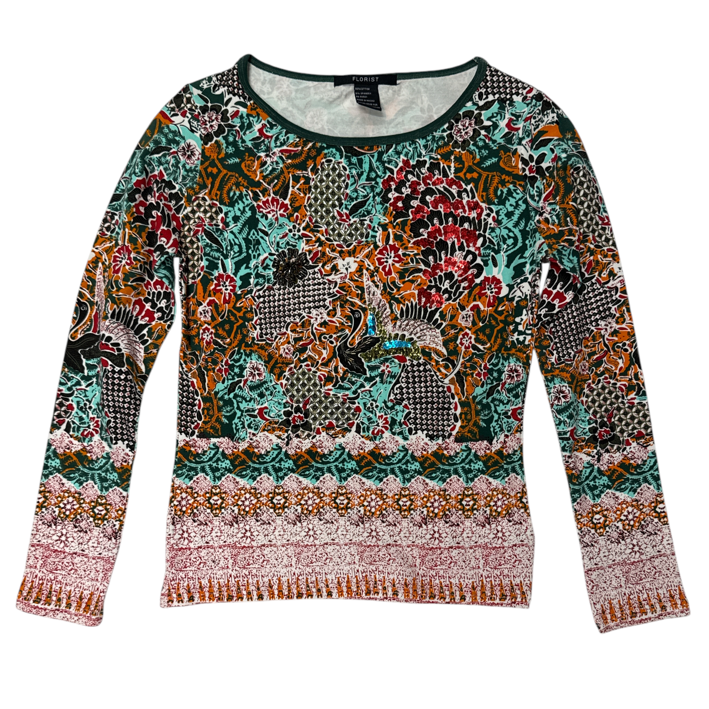 Deadstock Y2K beaded top in green bird, front view