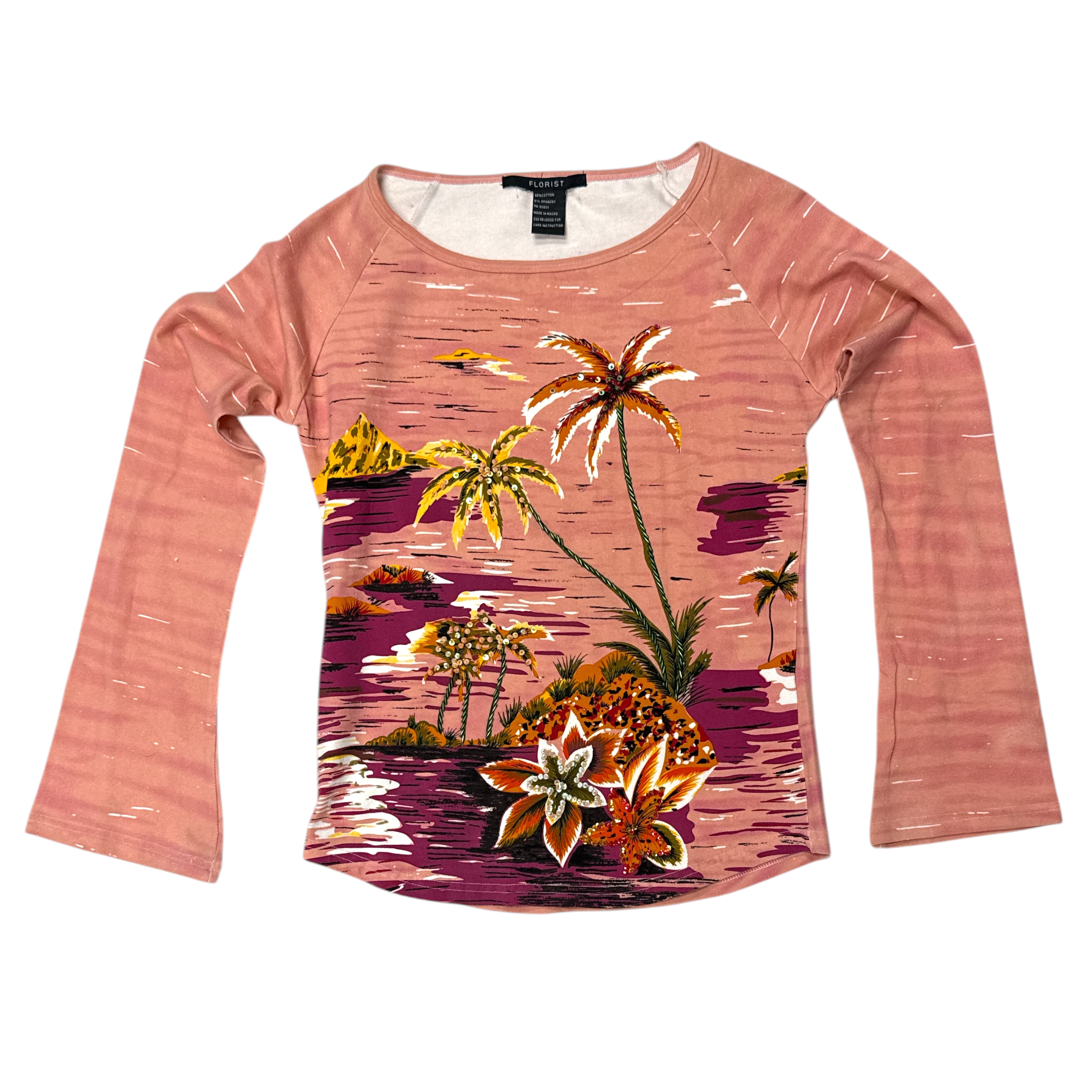 Deadstock Y2K beaded blouse in pink palm trees, front view