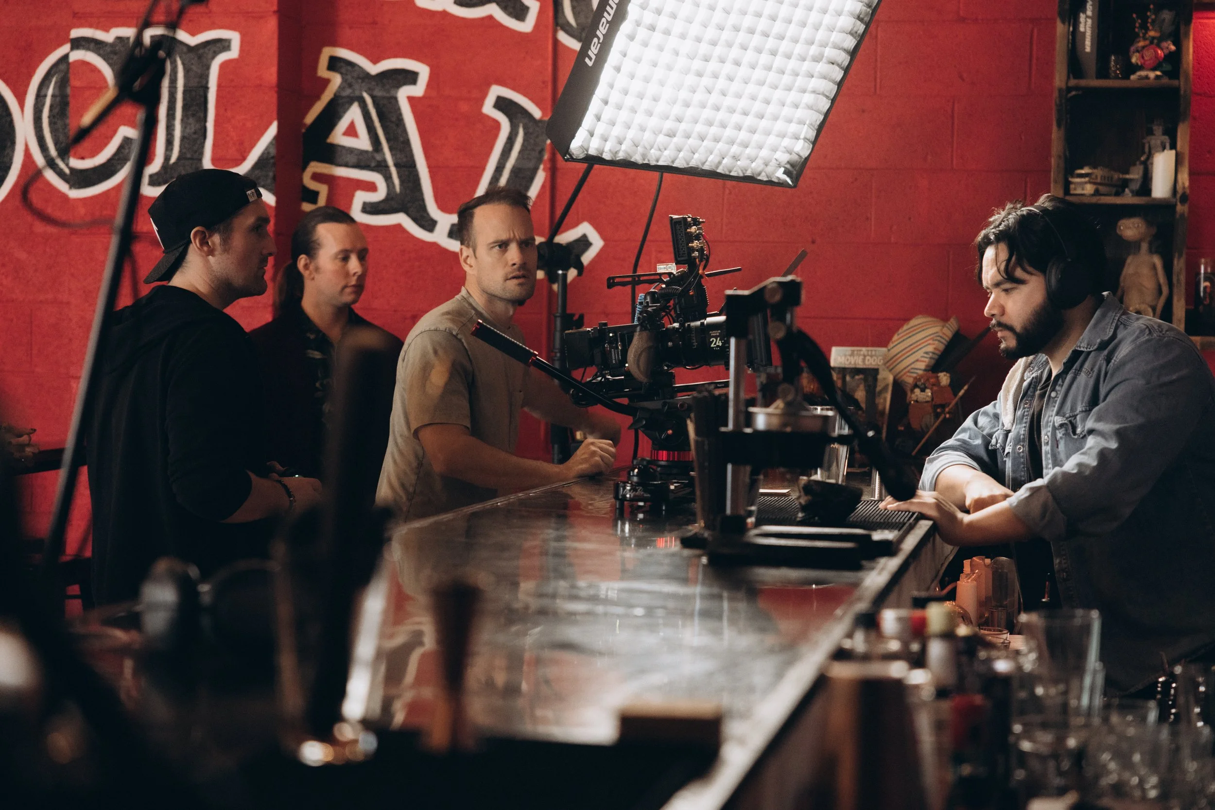 Finalizing lighting for Cerin (Mitchell) sharing the song with bartender Trent (Giovanny)