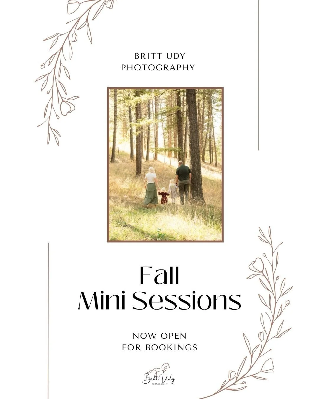 Fall Mini&rsquo;s NOW OPEN! 

There&rsquo;s just something about crisp fall air, golden leaves, and slowing down that makes fall the perfect time for photos! 

THE DETAILS: 
20-minute session
10&ndash;15 edited images
$125 ($25 deposit and signed con