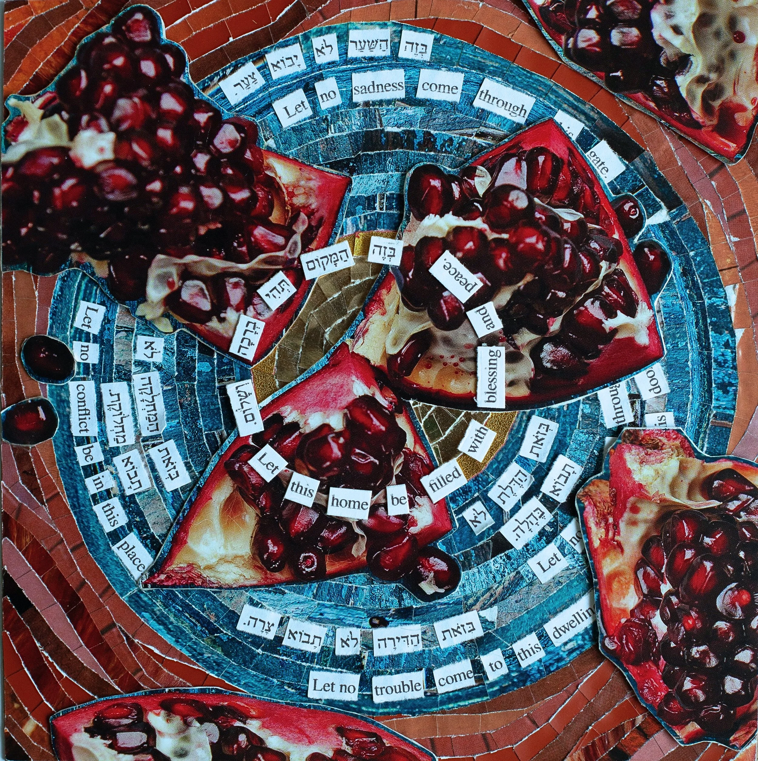 "Birkat Habayit" (2022). 8.5"x8.5". A collage piece in shades of deep teal blue and dusty red, overlaid with blood-red pomegranate chunks. The pomegranates are poised over a circular background, a bright gold center surrounded by a straight spiral of
