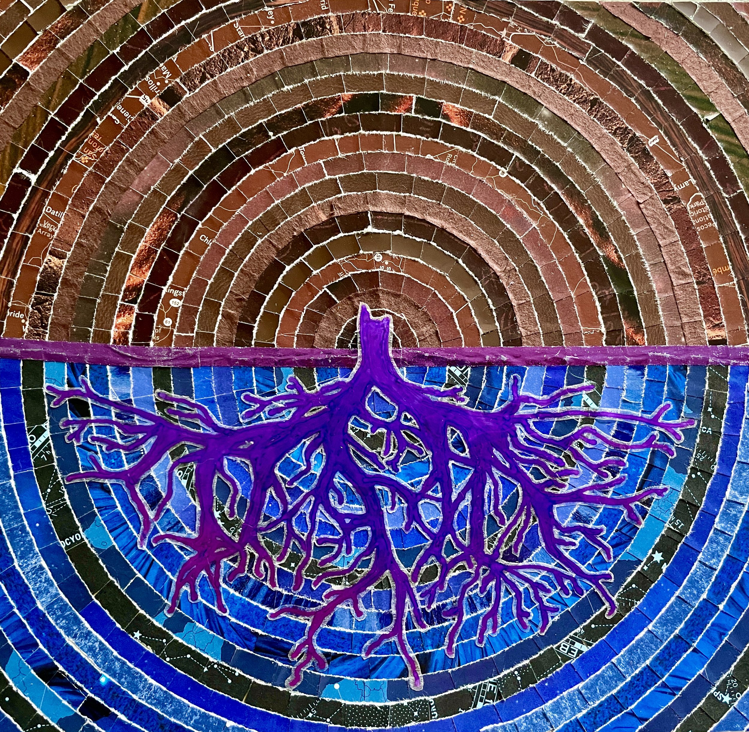 *"My People Are Part of the Soil / This Is Not My Grave" (2024). A work of paper mosaic featuring bright, metallic purple tree roots extending from a stump at the center of concentric circles. The circles are like tree rings, each made up of small se