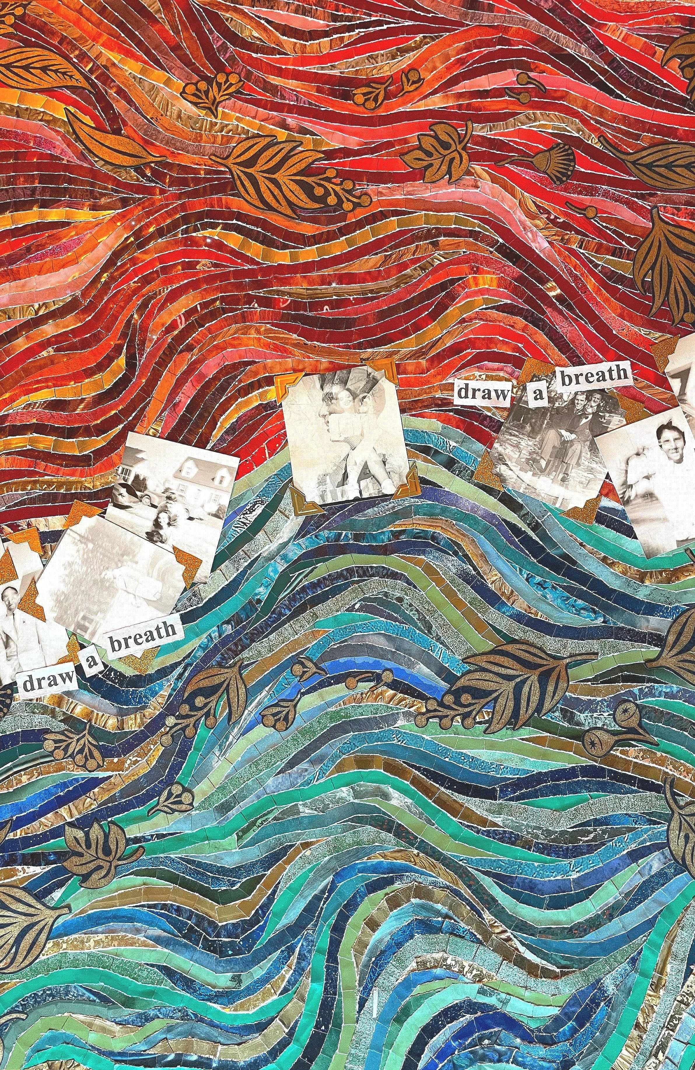 "Draw A Breath, Draw A Breath" (2021). A large collage piece in shades of blue, gold, and red. the blue and red stretch in large whorls and overlapping lines across the page. Where they meet in the middle, the horizon line is covered with a series of