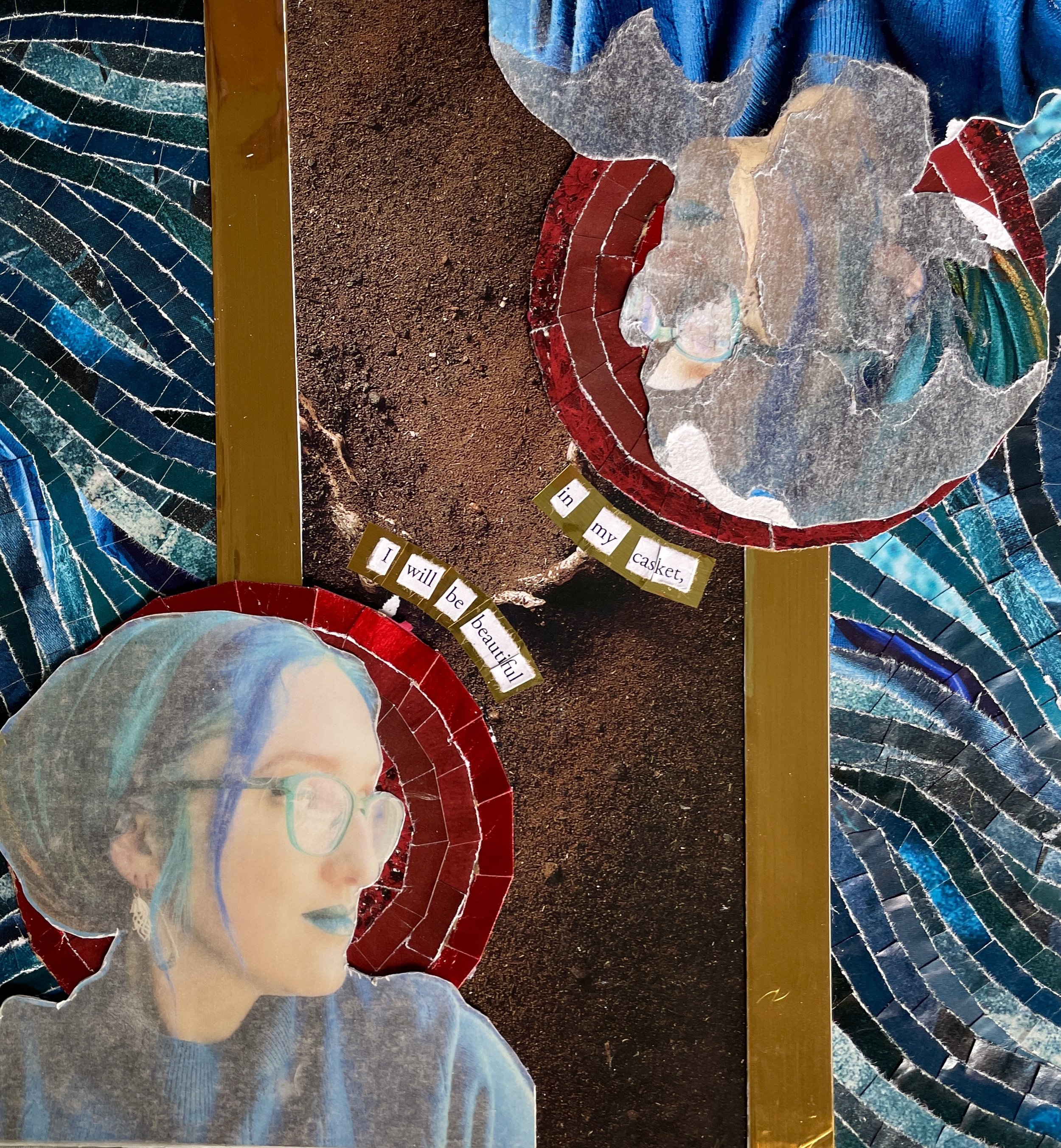 *"As You Are So Shall I Be" (2024). 8"x8.5". Two photographs of the artist are laid face to face, like the heads of playing cards, against shimmering red halos. One photo is damaged, peeled and darkened with decay. Text arcs between the profiles agai
