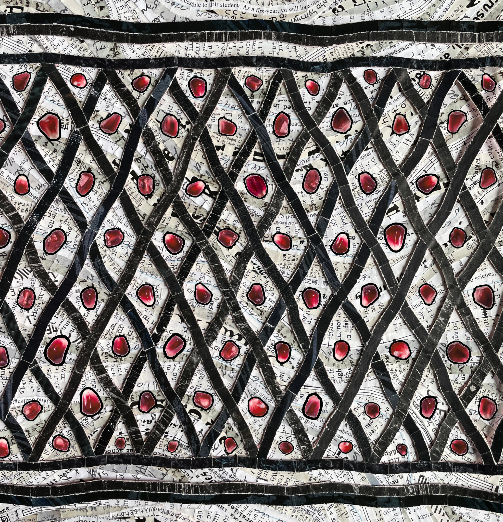 "Seeds of Solidarity" (2025). 14"x14". A paper collage piece in the pattern of a Palestinian keffiyeh, with black diamond shapes weaving over a white background.  At the center of each diamond is a vivid red pomegranate aril, like a drop of blood. Th