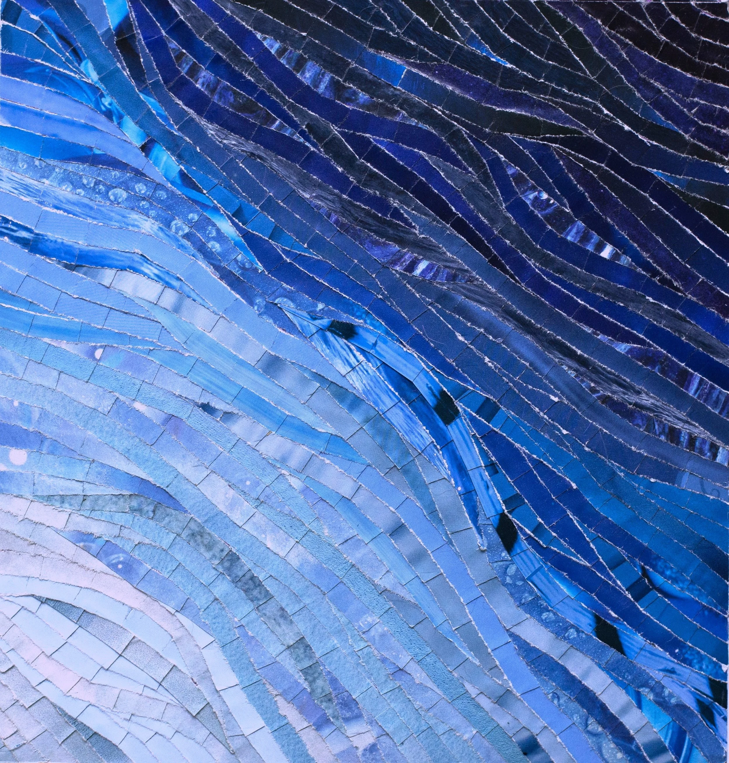 *"The Blue That Lasts " (2022). 7.75"x8". A paper mosaic of overlapping strips of colored paper, fluidly arrayed in a smooth gradiant from almost white to deep navy blue. 