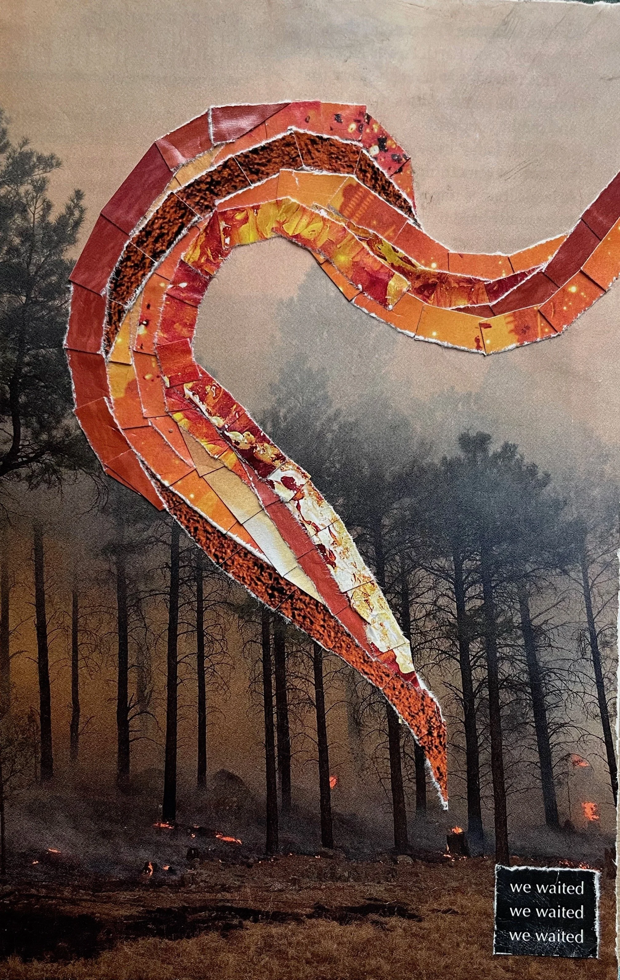 "Ashamnu" (2021). A small collage with a photo of a low-burning forest fire. Laid over the top is a curling line of orange and yellow collaged paper, coming up from a burning place in the photo like rising flames, emerging over the scene and continui