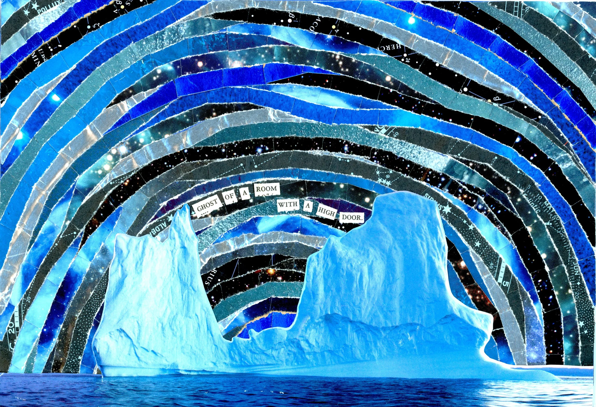 *"Ghost of a Room with a High Door" (2024). A collage piece in shades of blue, black, and shimmering silver. Strips of paper are laid out in loose concentric circles, like a night sky full of stars seen through timelapse. Stars and constellation maps