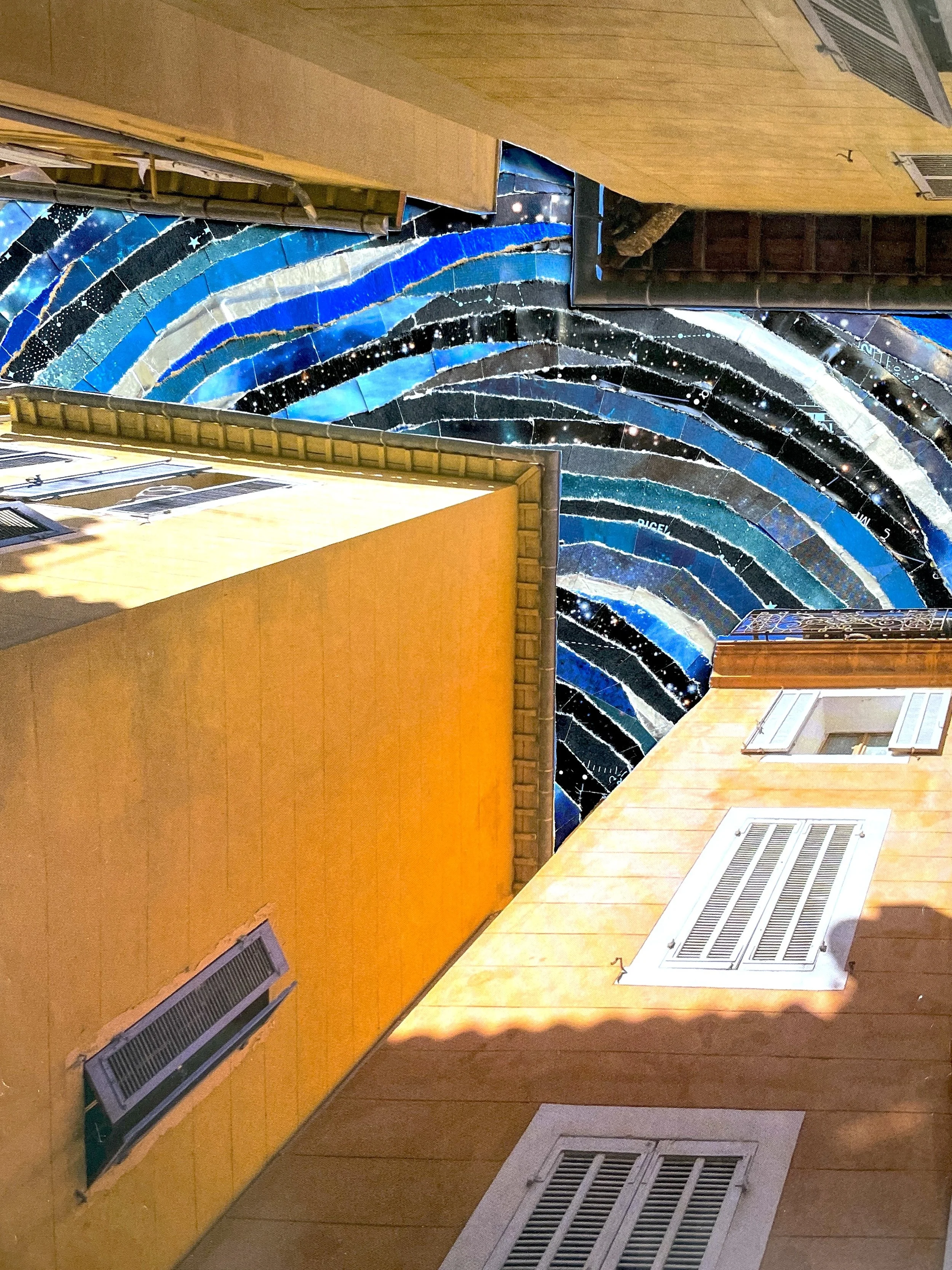 "We Are All in the Gutter, Looking Up at the Stars" (2024). A paper collage piece. Seen from below, as if lying on your back in the street, are two sets of square terracotta buildings with open shutters and slightly overhanging metal roofs. Between t