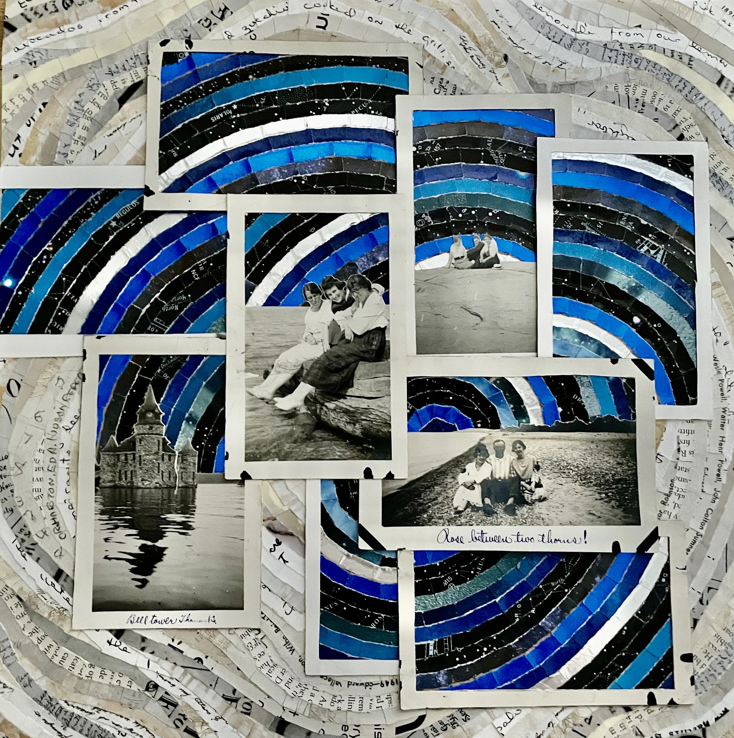 *"This Is A Game With Mirrors" (2024). A paper collage piece of antique photographs, their backgrounds cut out and replaced with sections of concentric lines, blue and black and silver like a constellation map or timelapse photo of the night sky. The