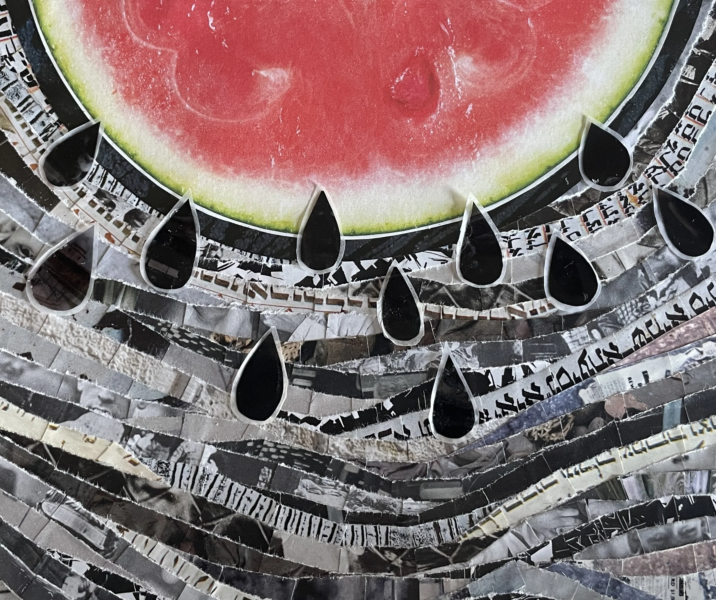 "Gesher Tzar Me'od" (2024). 5.5"x7". A paper collage piece made up of a watermelon above a field of swirling white, gray, and black. Black seeds fall from the watermelon like tears over lines of calligraphied Hebrew and strips from black and white ph