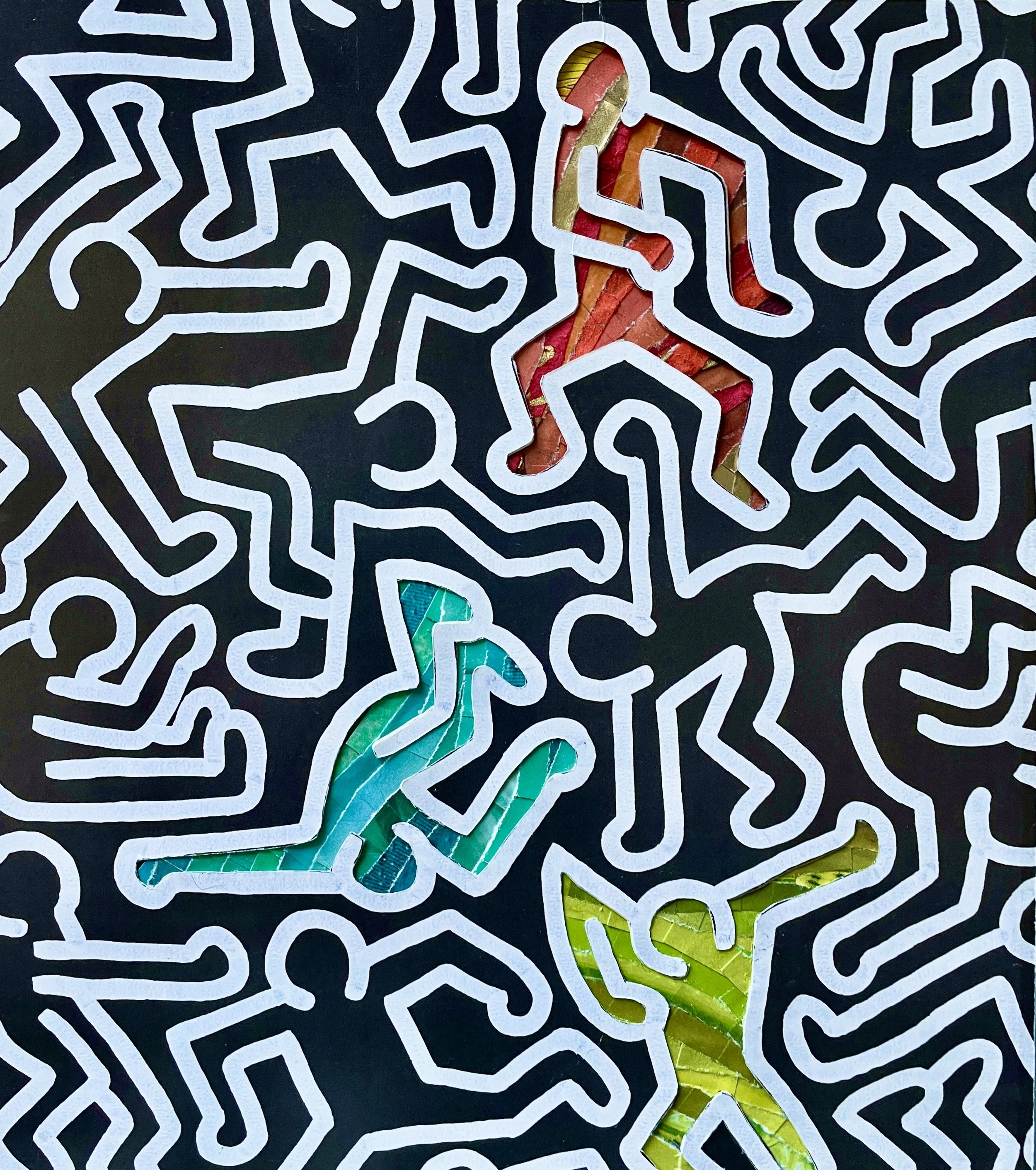 *"Keith Haring in Color" (2025). A Keith Haring painting in his typical style, where simple line-drawn human silhouettes fill the frame, limbs fitting into the spaces left by the other figures. The thick white lines of the silhouettes against the bla