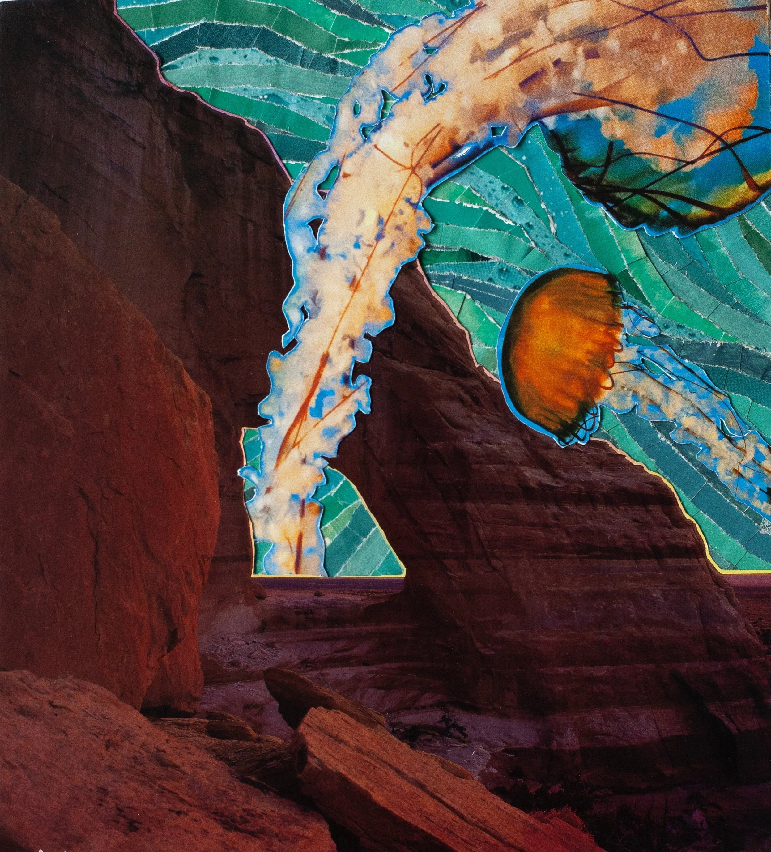 *"Searching for Shipwrecks #2" (2024). 7"x8".  A large natural arch of red rock — The Window at Canyon de Chelly — frames a swirling teal sky/sea beyond, made out of overlapping strips of colored paper. Floating through the window and across the sky/