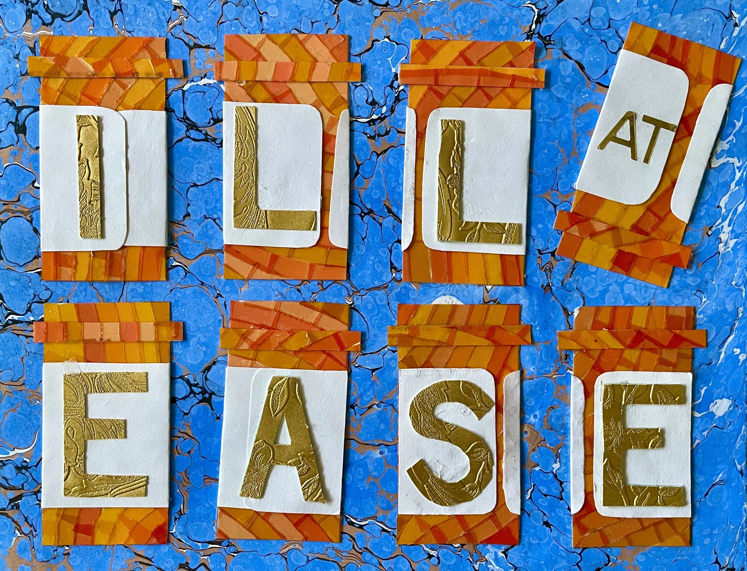 *"Ill At Ease" (2024). 7.5"x9.5". A paper mosaic piece. Eight orange pill bottles are laid out against a bright blue marbled background. The pill bottles are constructed out of small segments of translucent orange material so that they appear like st